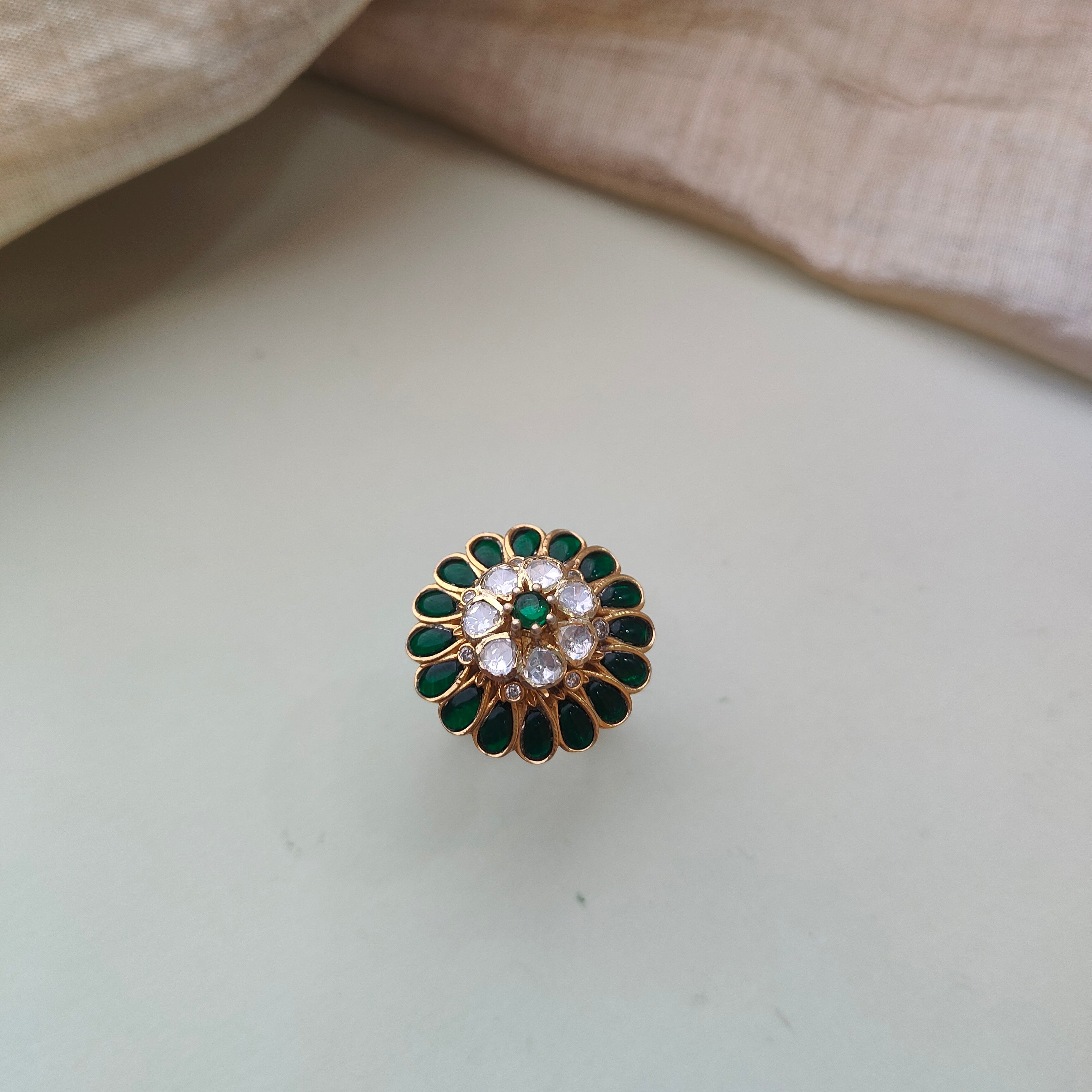 925 Silver Kundan Emerald Ear & Finger Ring-0160