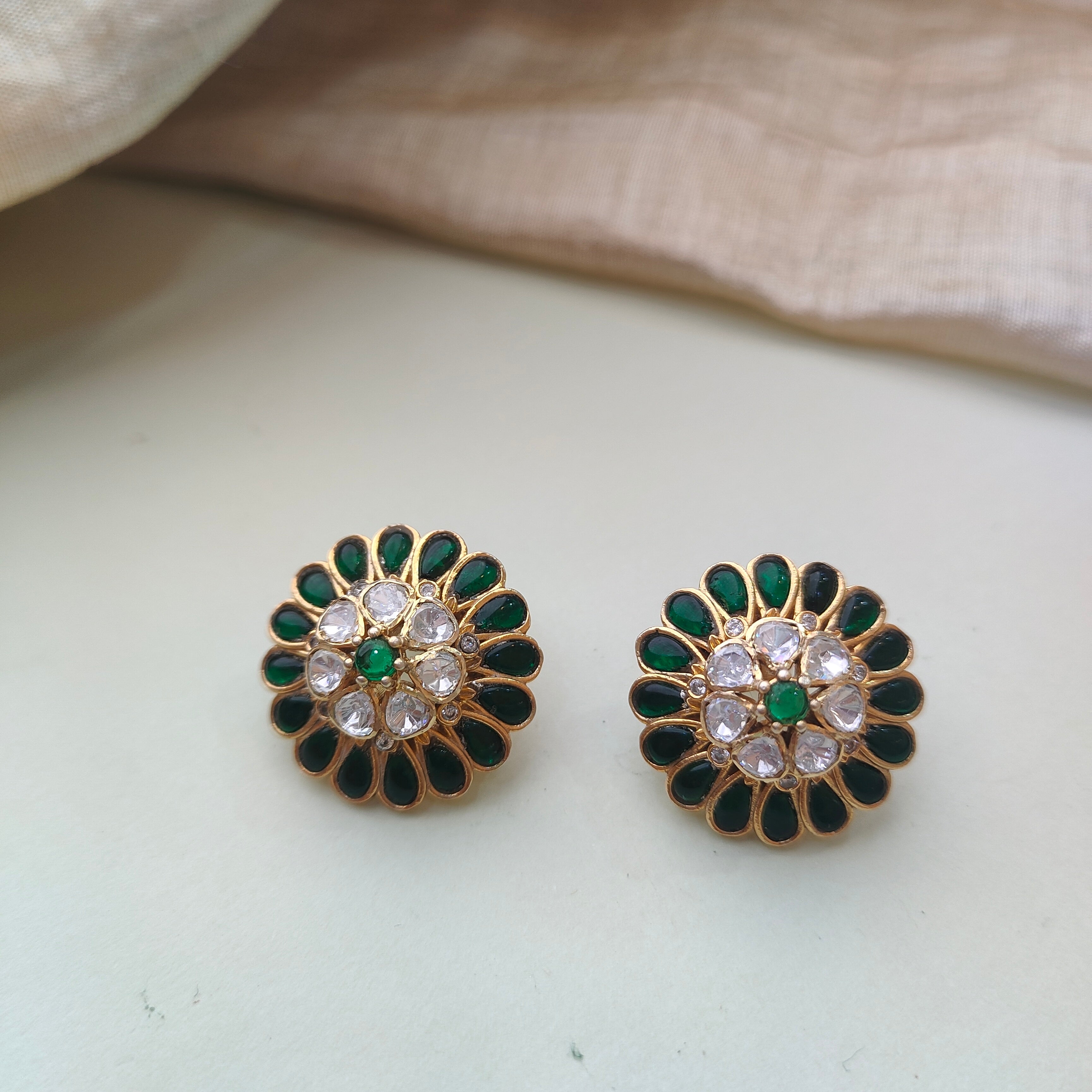 925 Silver Kundan Emerald Ear & Finger Ring-0160