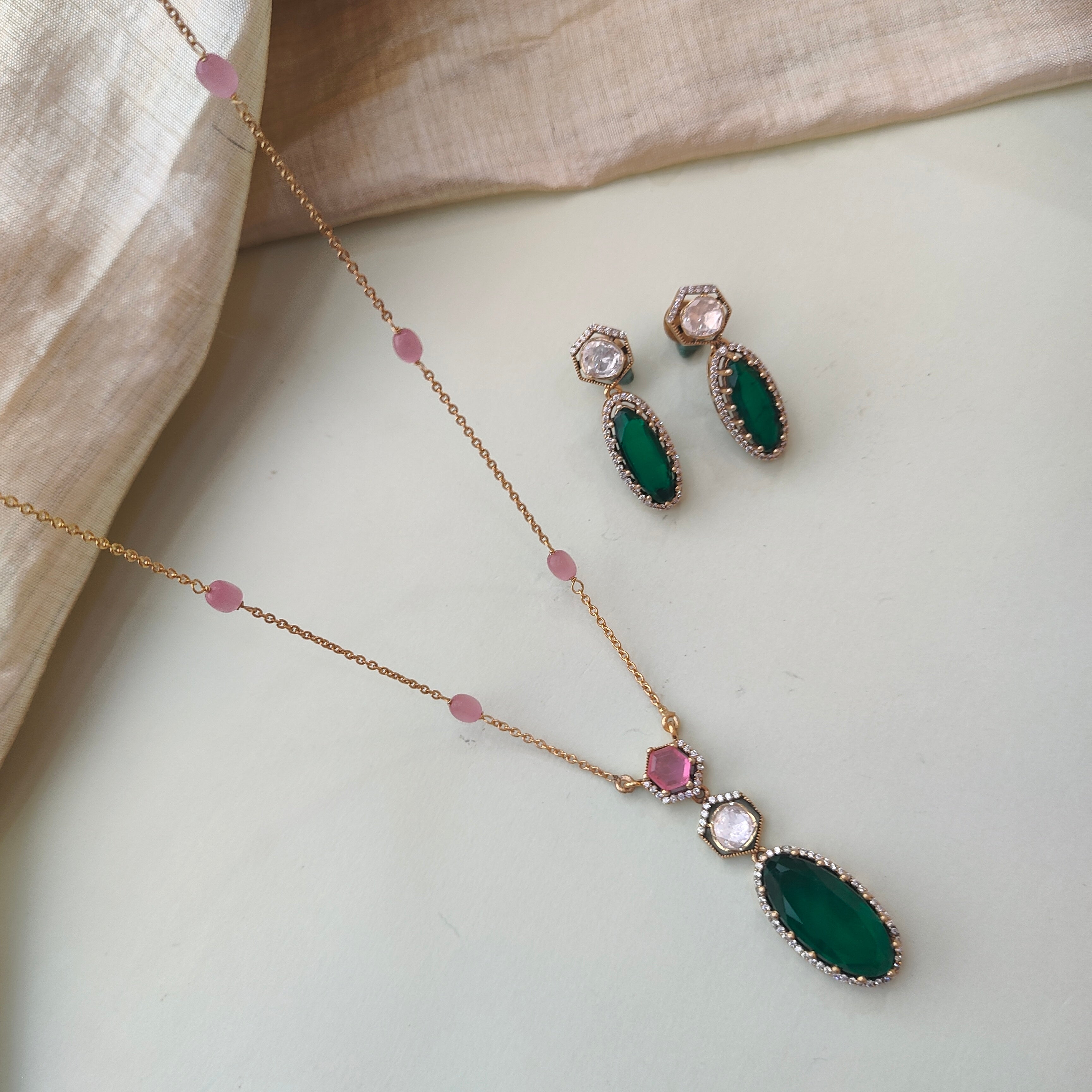 925 Silver Kundan Emerald Necklace With Earrings -0163