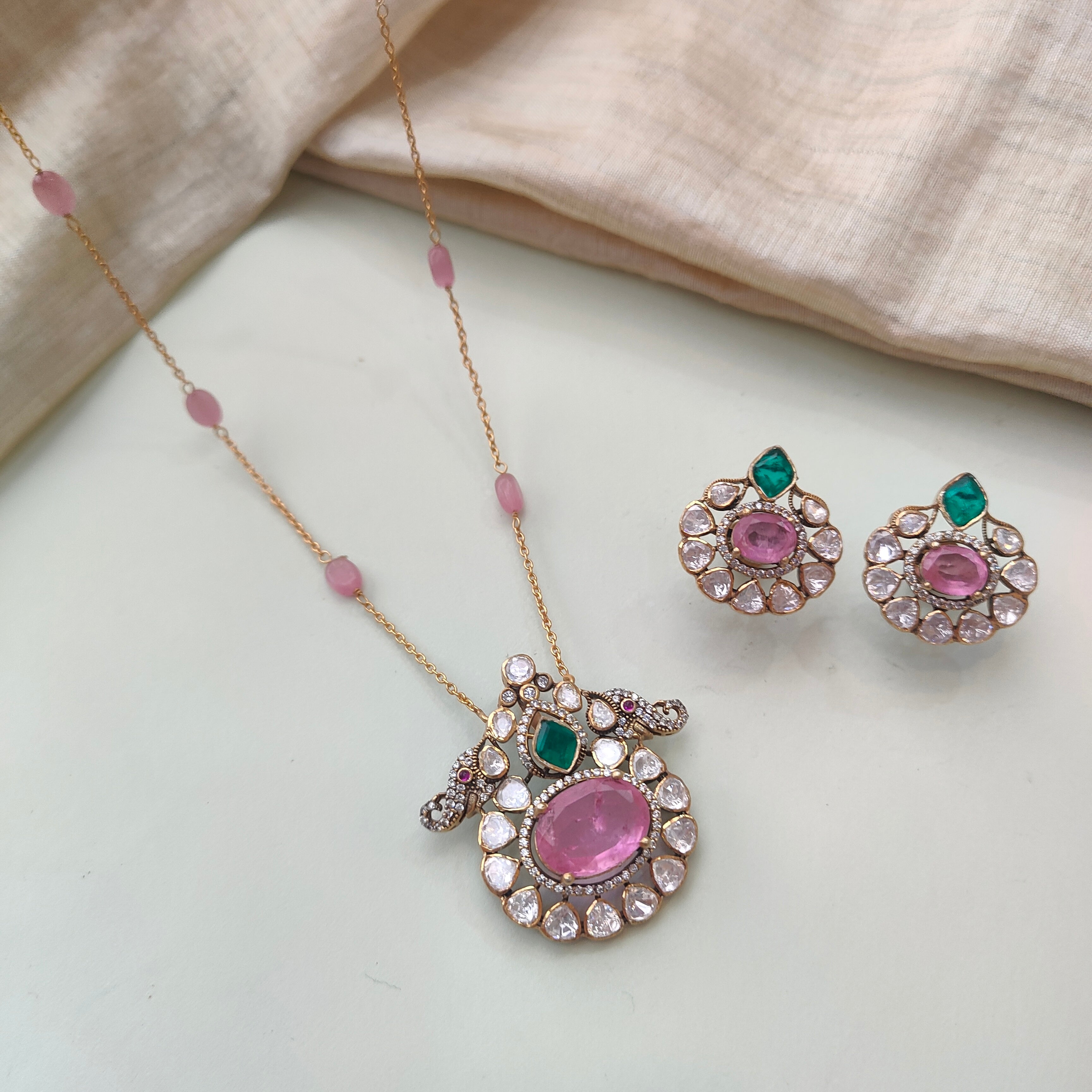 925 Silver Kundan Emerald Necklace With Earrings - 0165