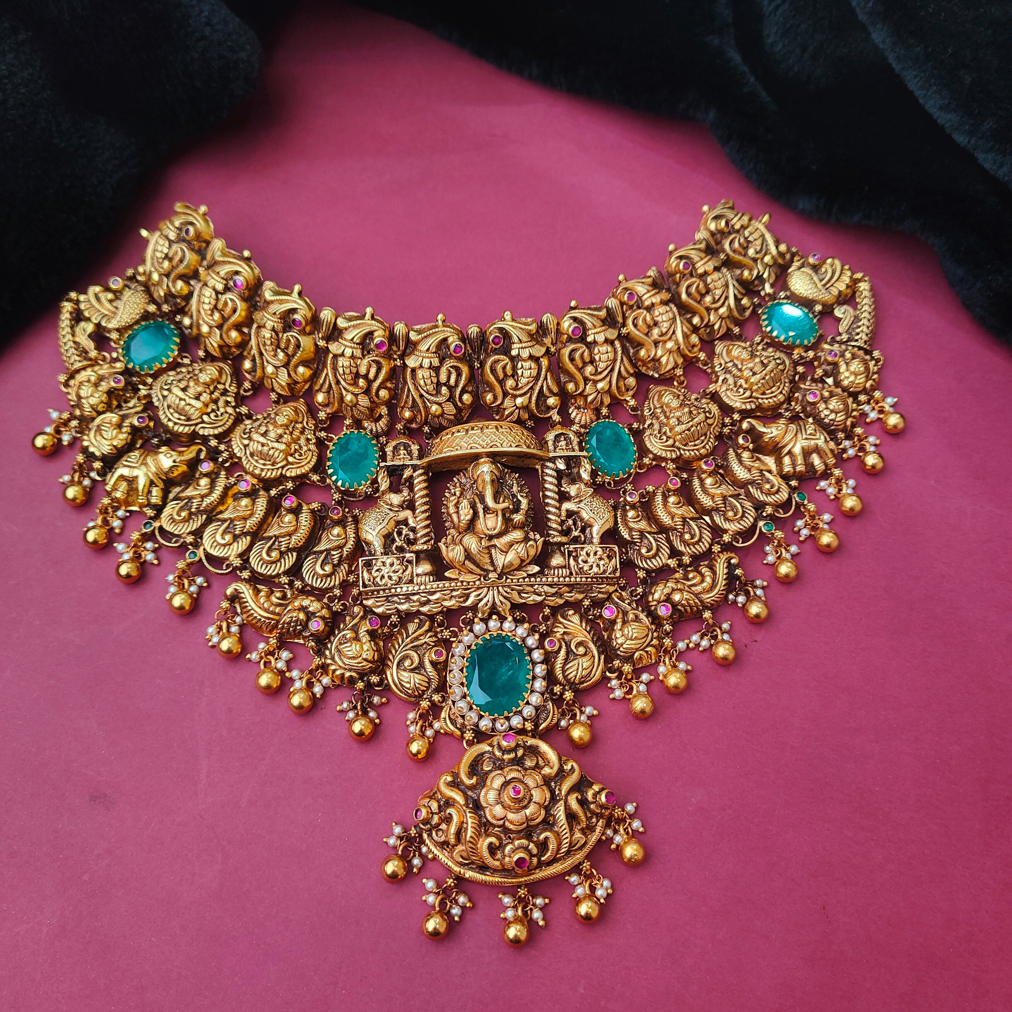 925 Silver Gold Plated Nakshi Lakshmi Ganesha Choker-0192