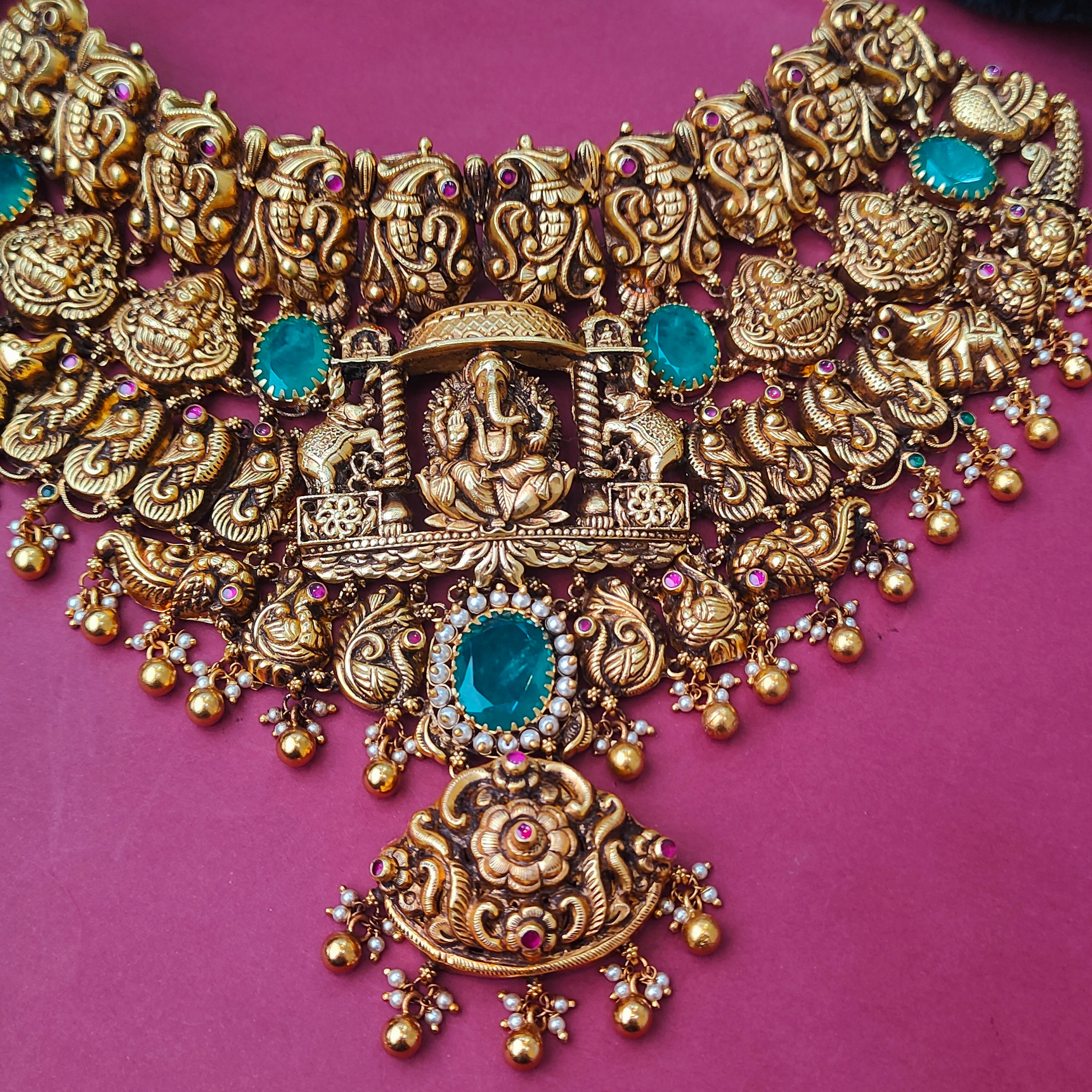 925 Silver Gold Plated Nakshi Lakshmi Ganesha Choker-0192