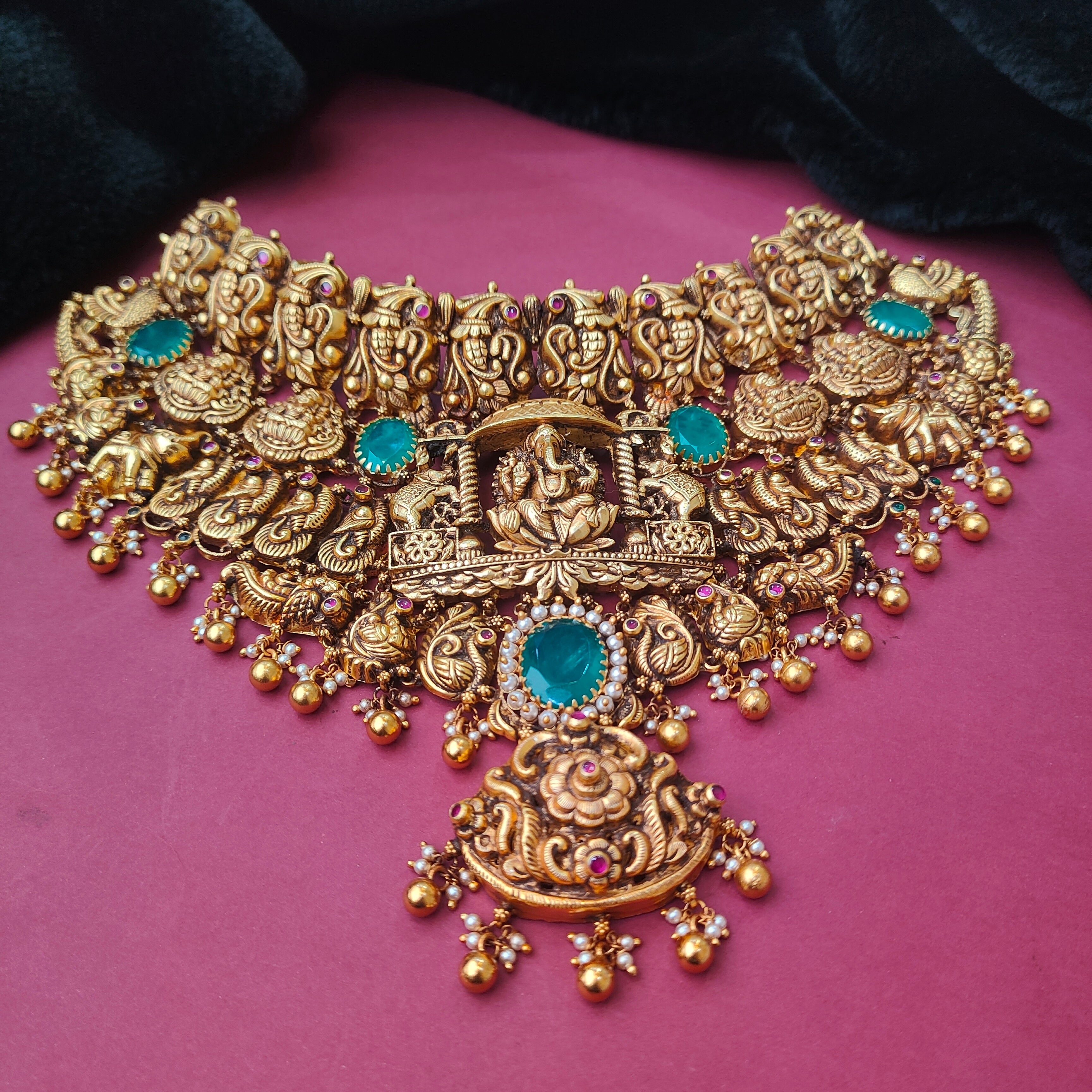 925 Silver Gold Plated Nakshi Lakshmi Ganesha Choker-0192