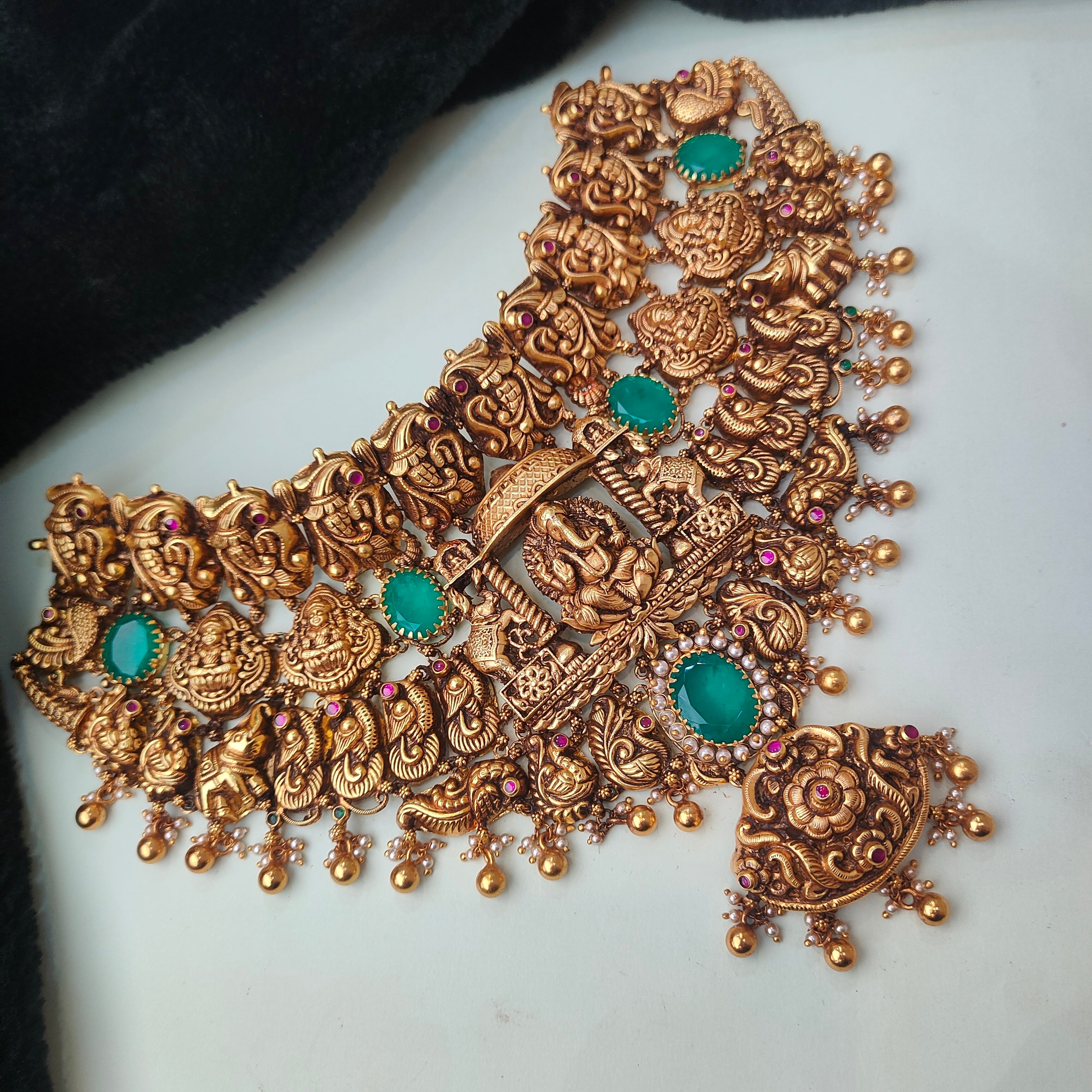 925 Silver Gold Plated Nakshi Lakshmi Ganesha Choker-0192