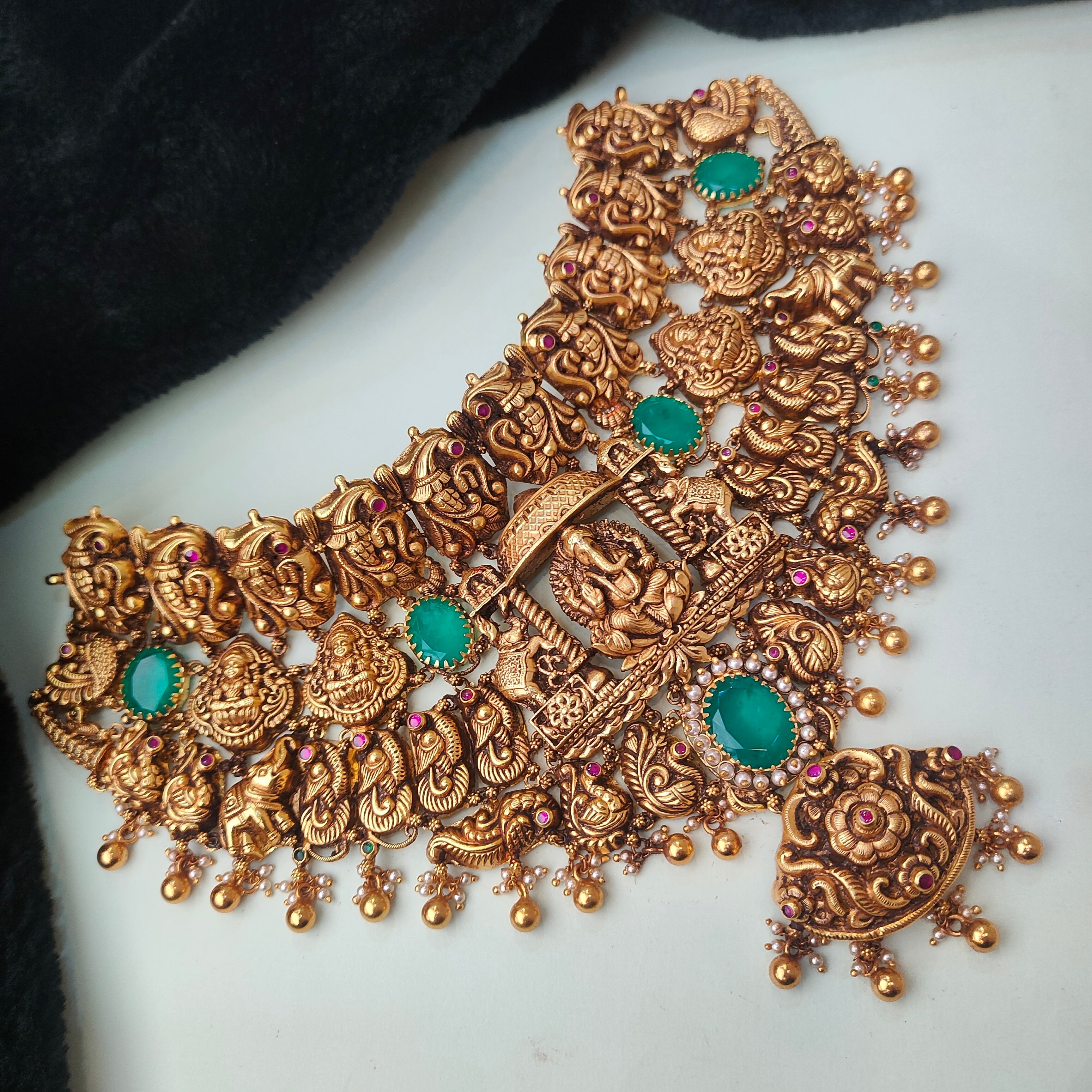 925 Silver Gold Plated Nakshi Lakshmi Ganesha Choker-0192