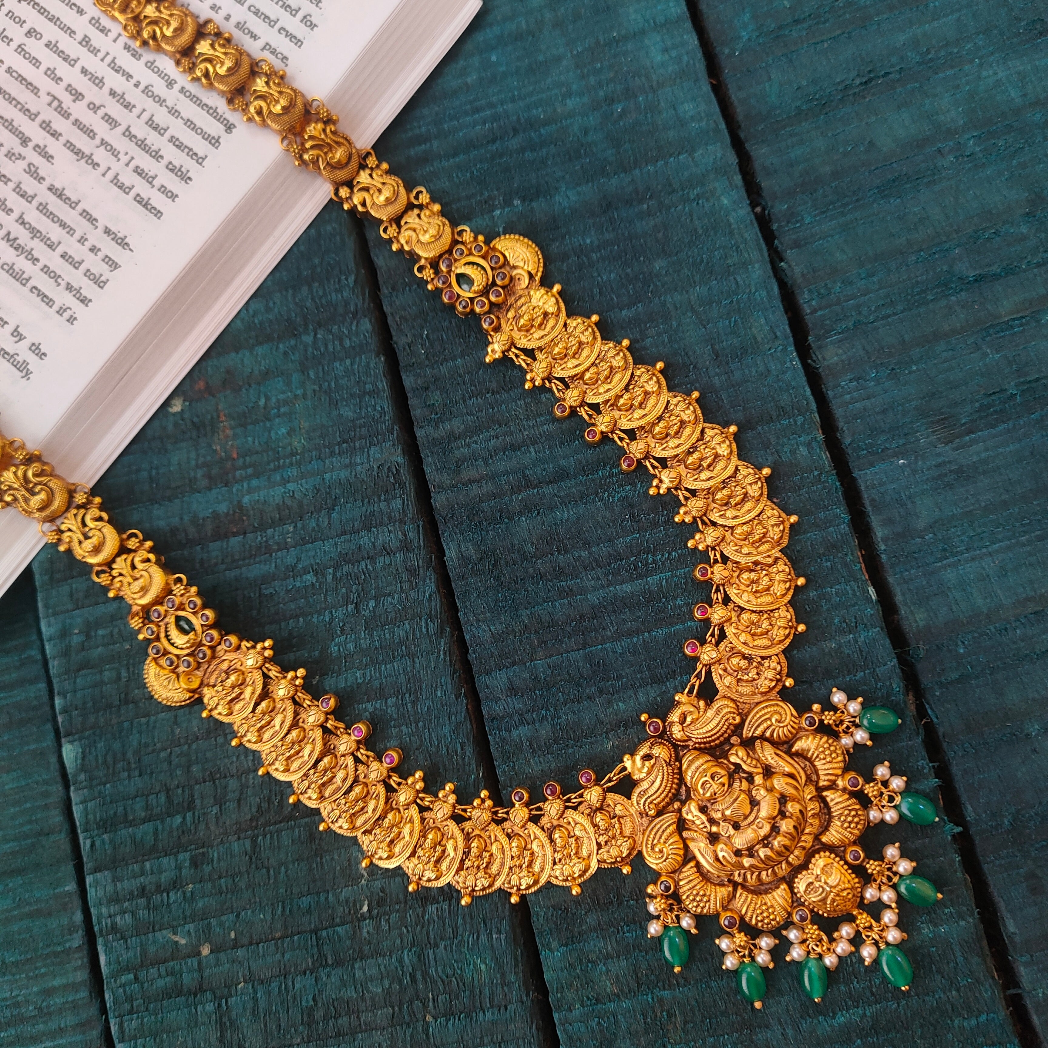 925 Silver Gold Plated Lakshmi Coin Nakshi Haram-0533