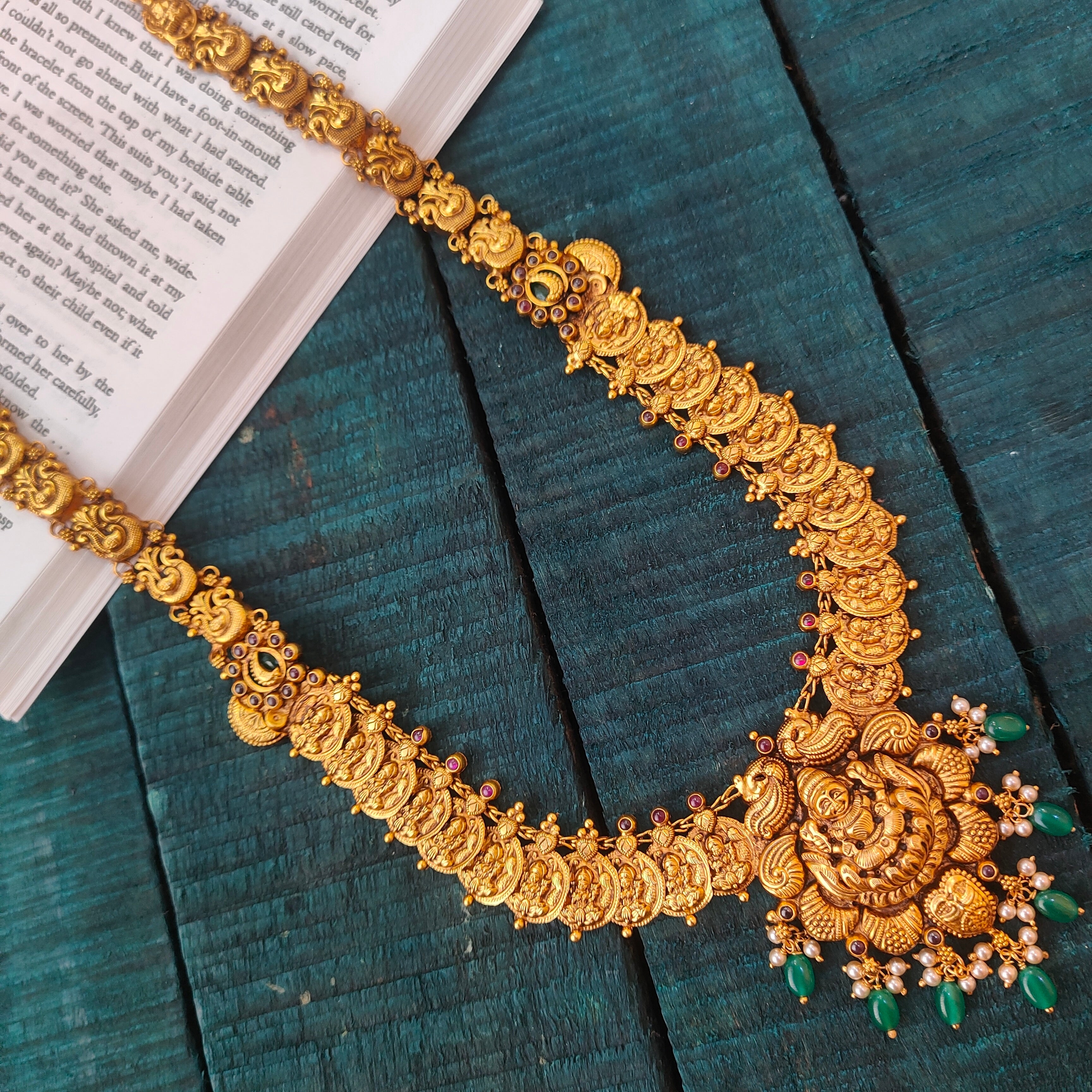 925 Silver Gold Plated Lakshmi Coin Nakshi Haram-0533