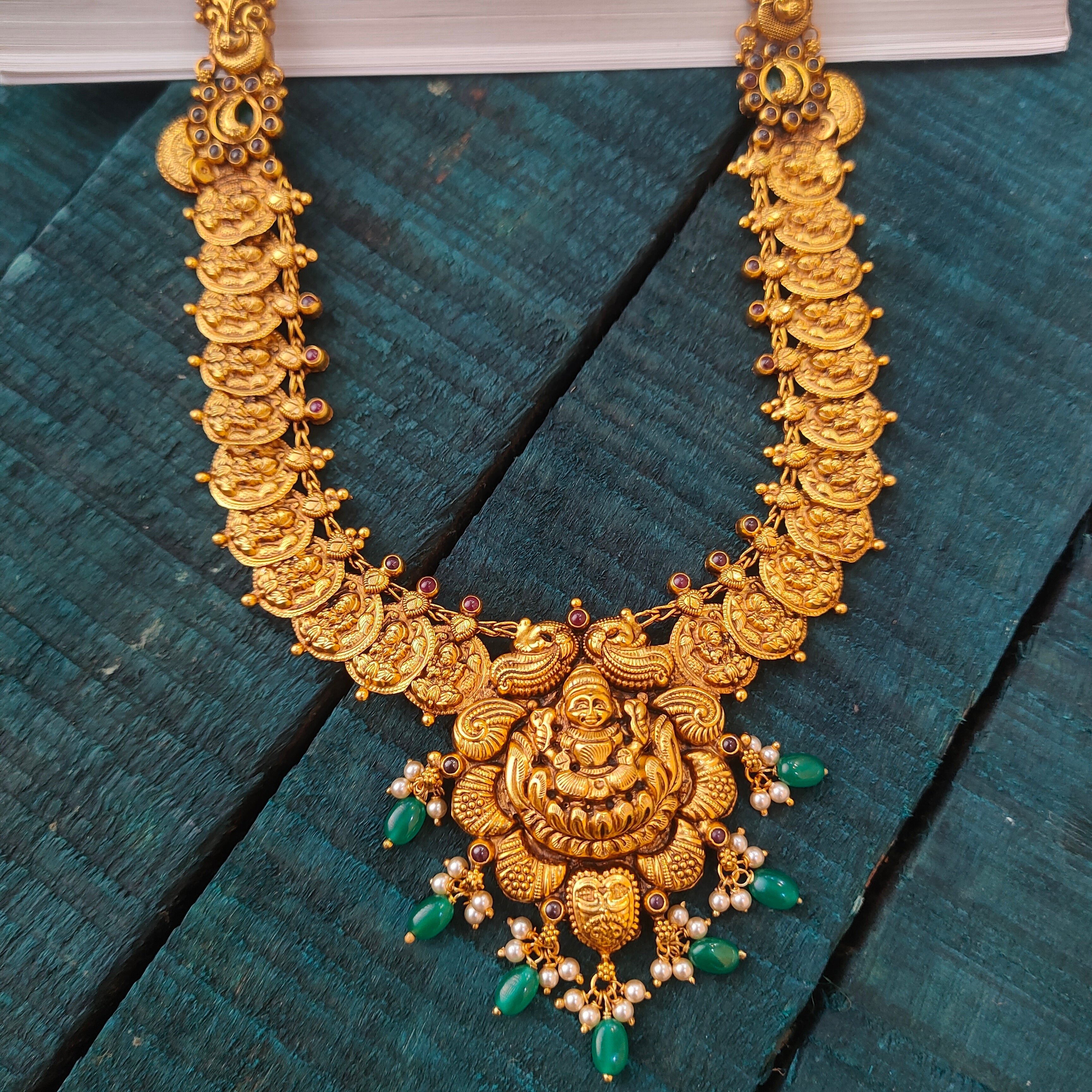 925 Silver Gold Plated Lakshmi Coin Nakshi Haram-0533