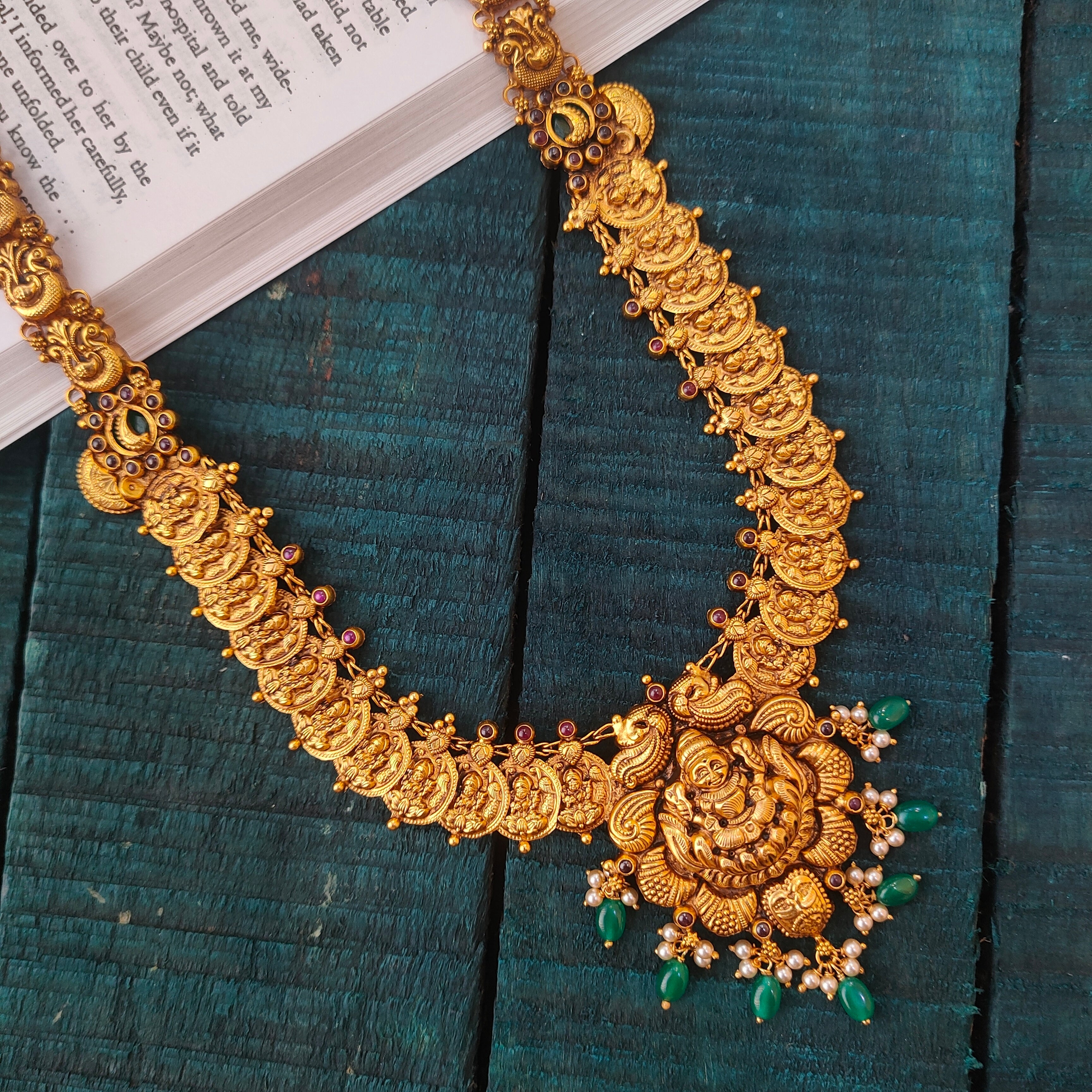 925 Silver Gold Plated Lakshmi Coin Nakshi Haram-0533