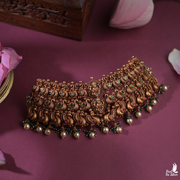 925 Silver Gold Plated Nakshi Choker-0409.