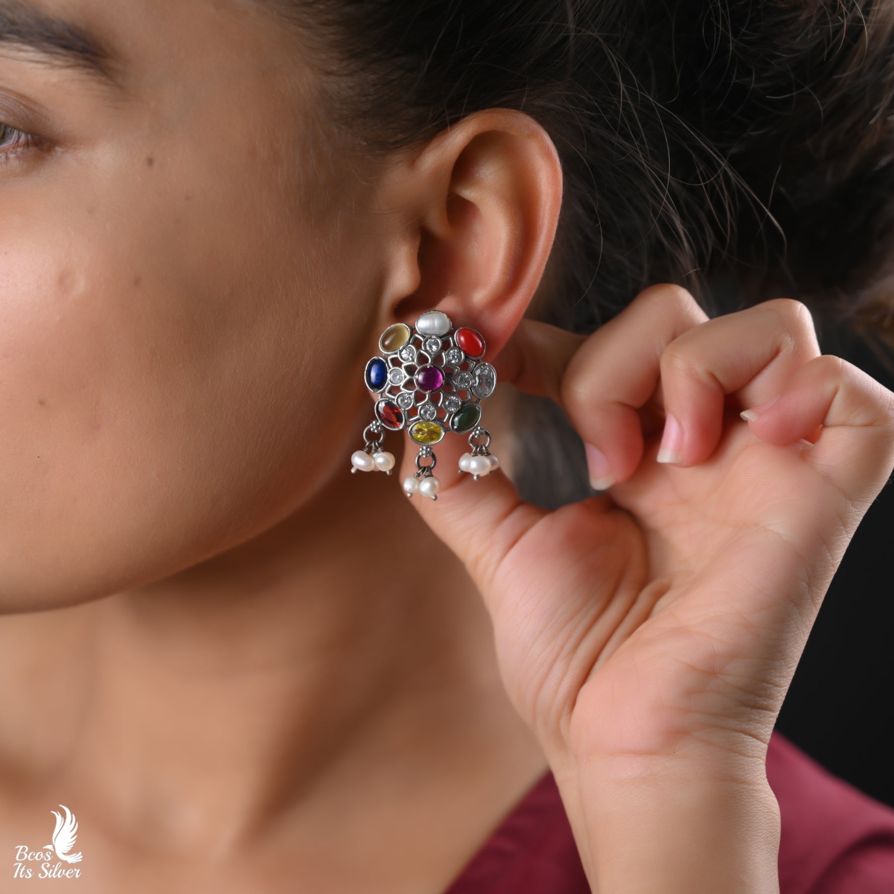 925 Silver Oxidized Navaratna Earstud- 4471