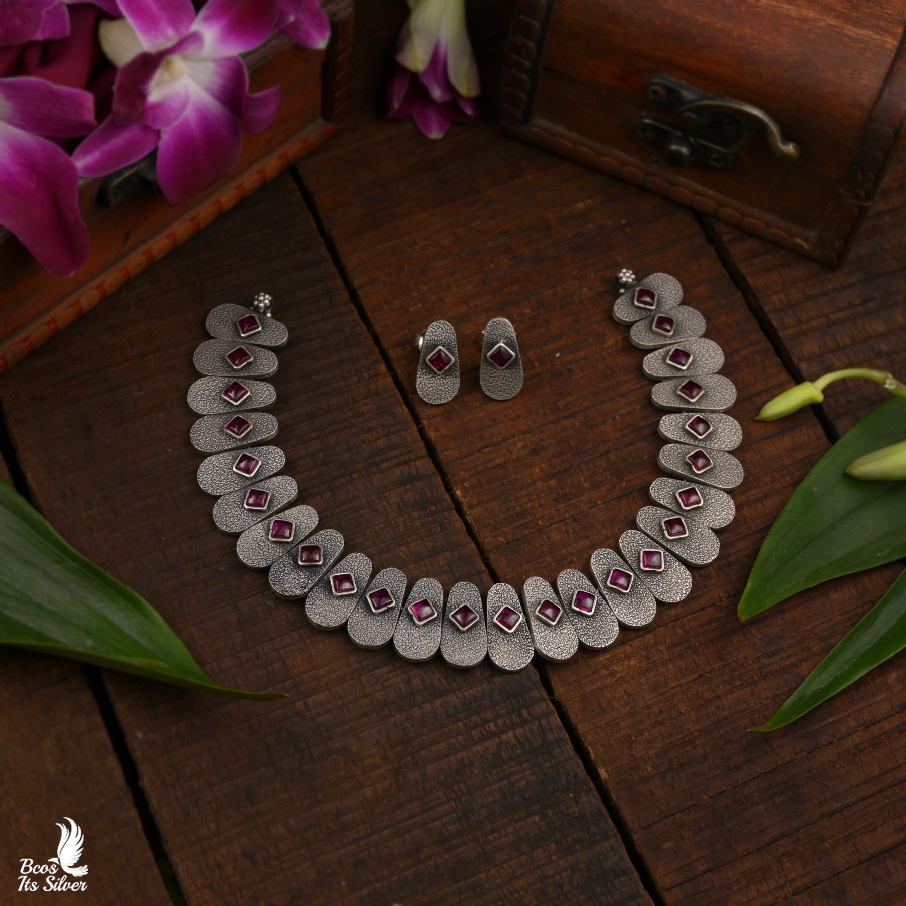 Pure 925 Silver Oxidized Neckpiece With Stud - 5970