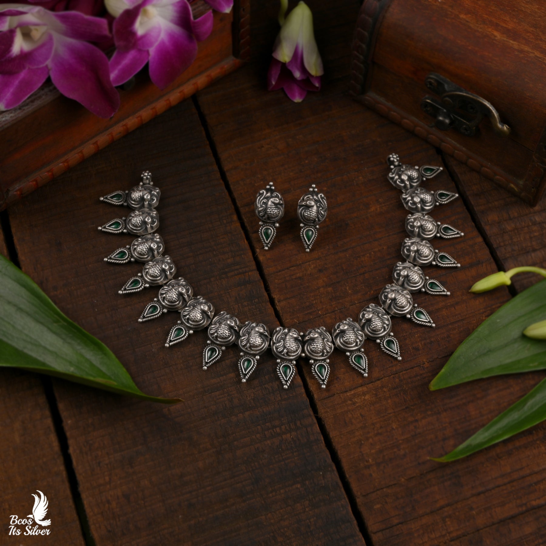 Pure 925 Silver Oxidized Nakshi Neckpiece With Stud - 5986