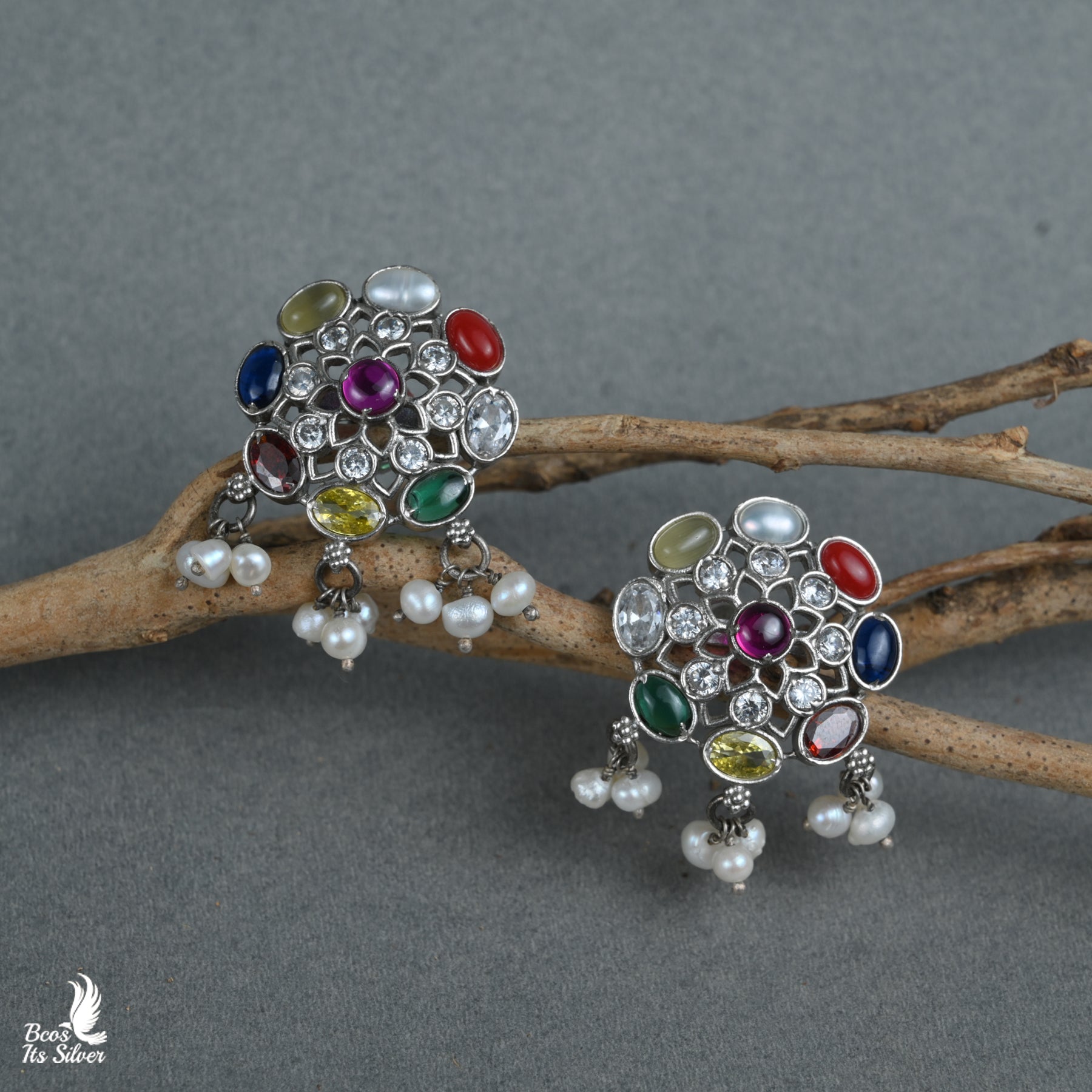 925 Silver Oxidized Navaratna Earstud- 4471