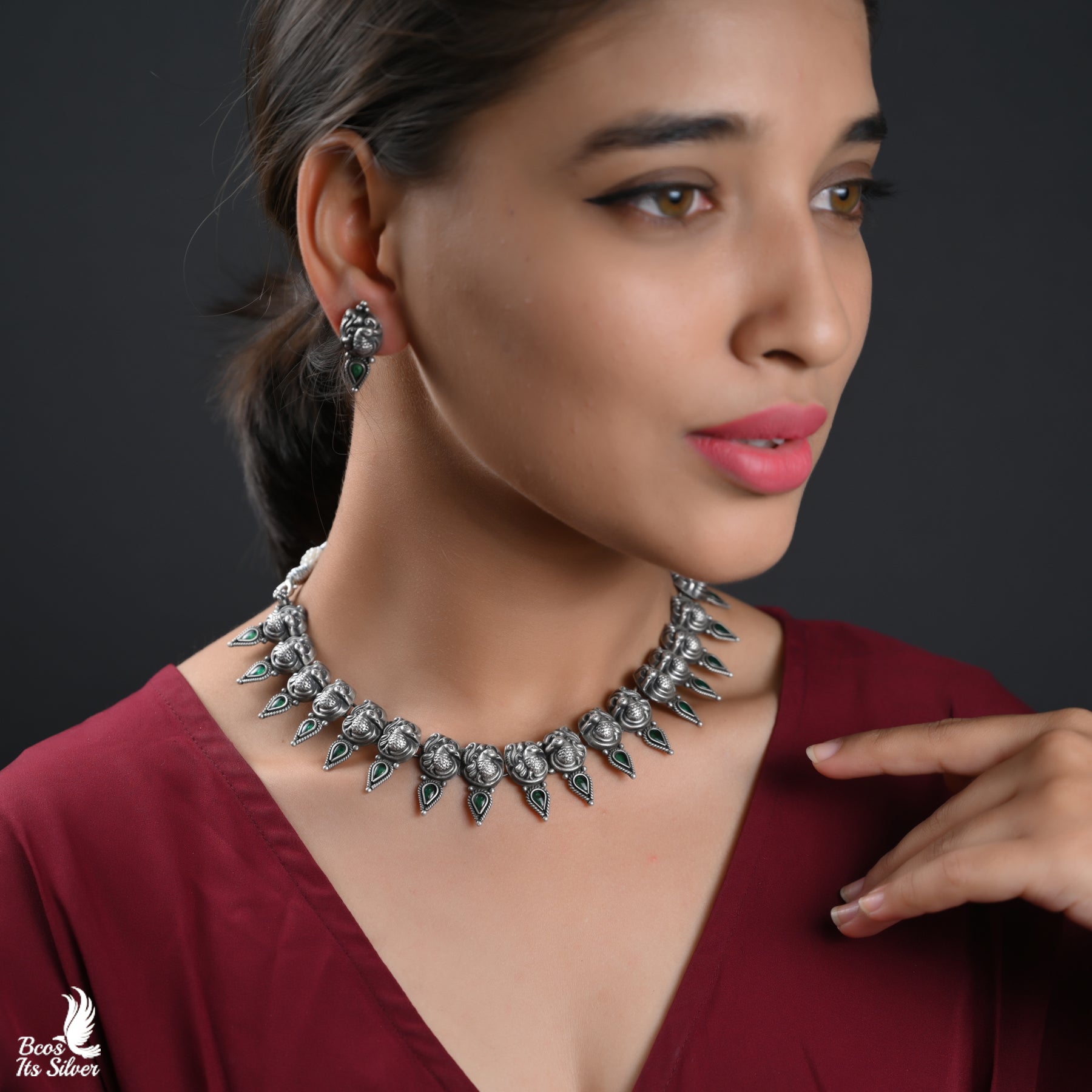 Pure 925 Silver Oxidized Nakshi Neckpiece With Stud - 5986