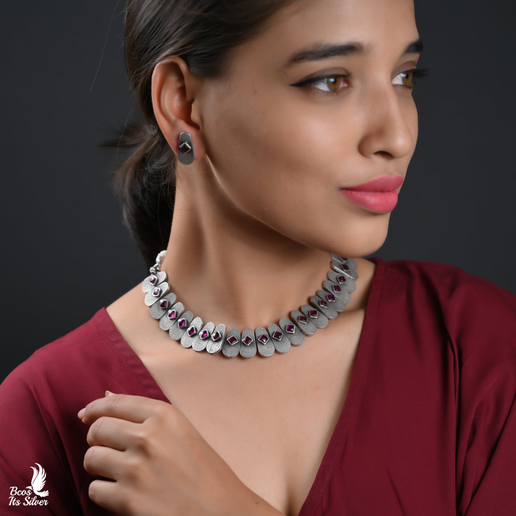 Pure 925 Silver Oxidized Neckpiece With Stud - 5970