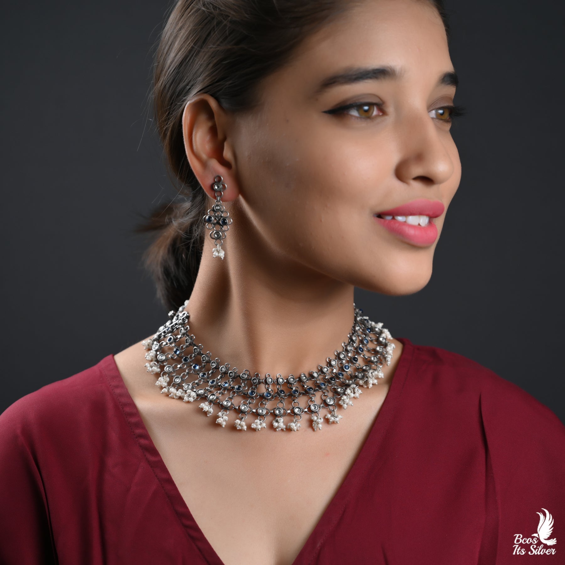 Pure 925 Silver Oxidized Neckpiece With Stud - 5964