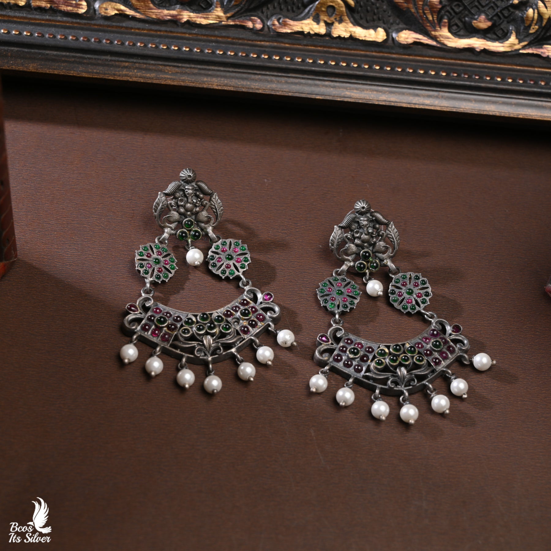 Pure 925 Silver Oxidized Ganesh Chandbali - 1333