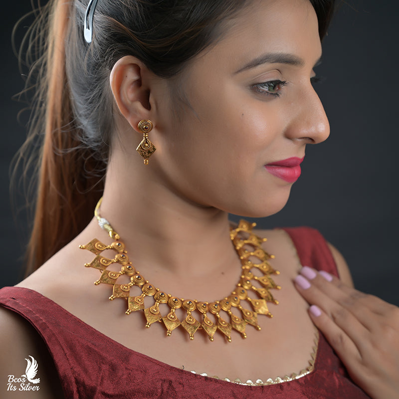 Pure 925 Gold Plated Necklace With Earring - 5757