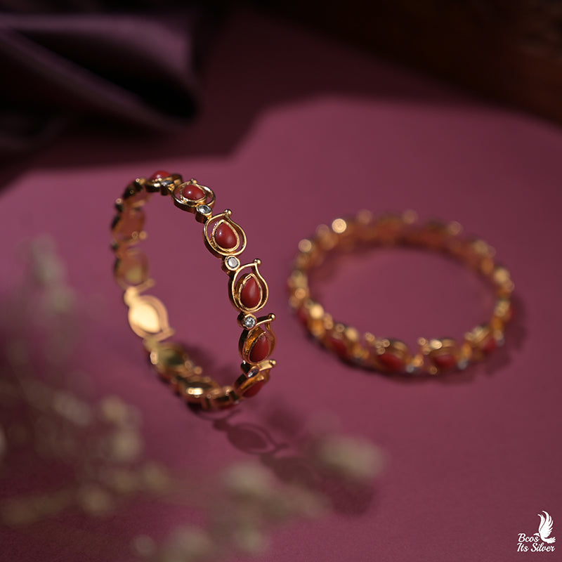 925 Silver Gold Plated Coral Bangle - 0024