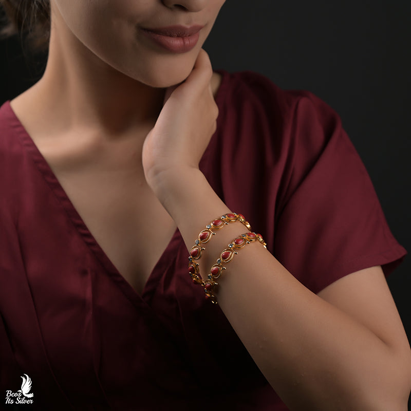 925 Silver Gold Plated Coral Bangle - 0024