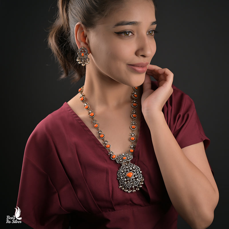 925 Silver Victorian Haram With Earrings - 0075