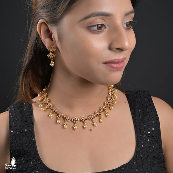 925 Silver Flower Necklace with Earring-0990