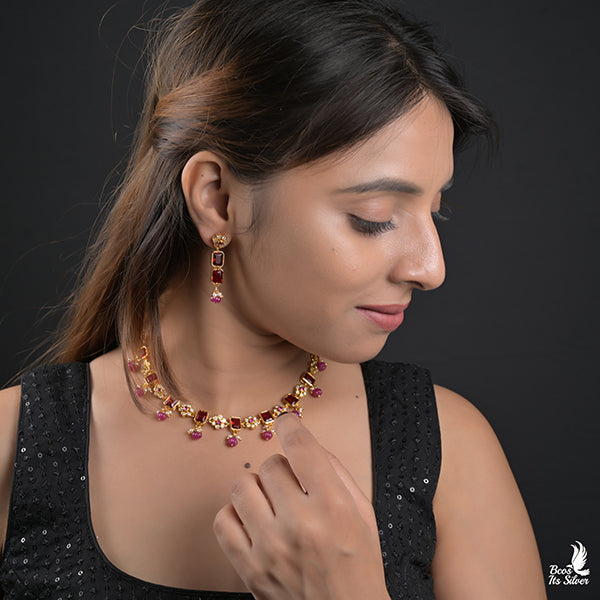 925 Gold Plated Necklace with Earring- 0987