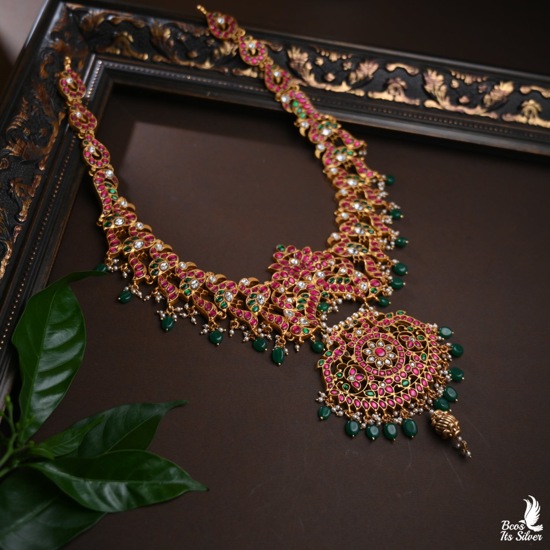 925 Silver Gold Plated Kundan Haram- 3735