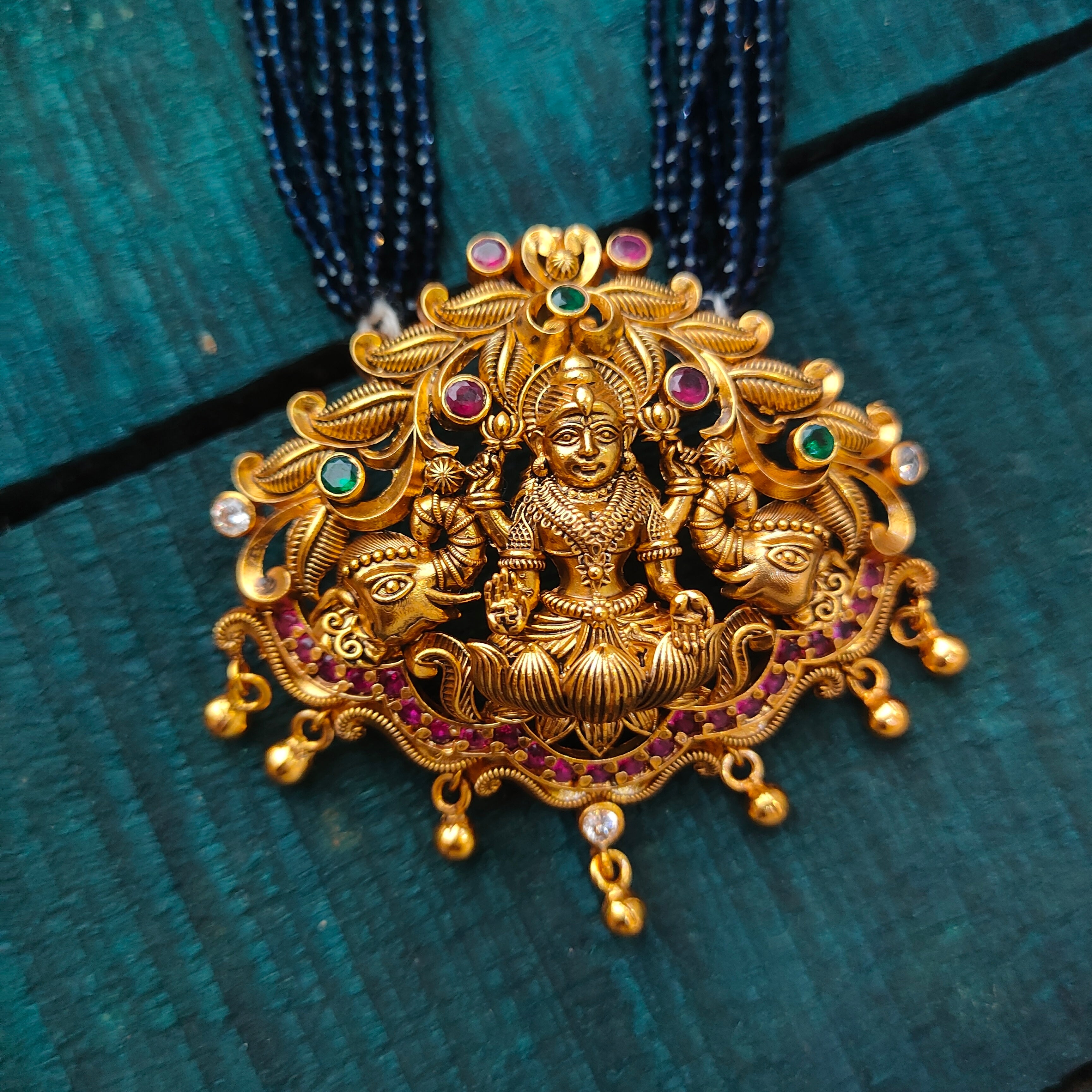 925 Silver Lakshmi Pendant with Beads Haram -1453