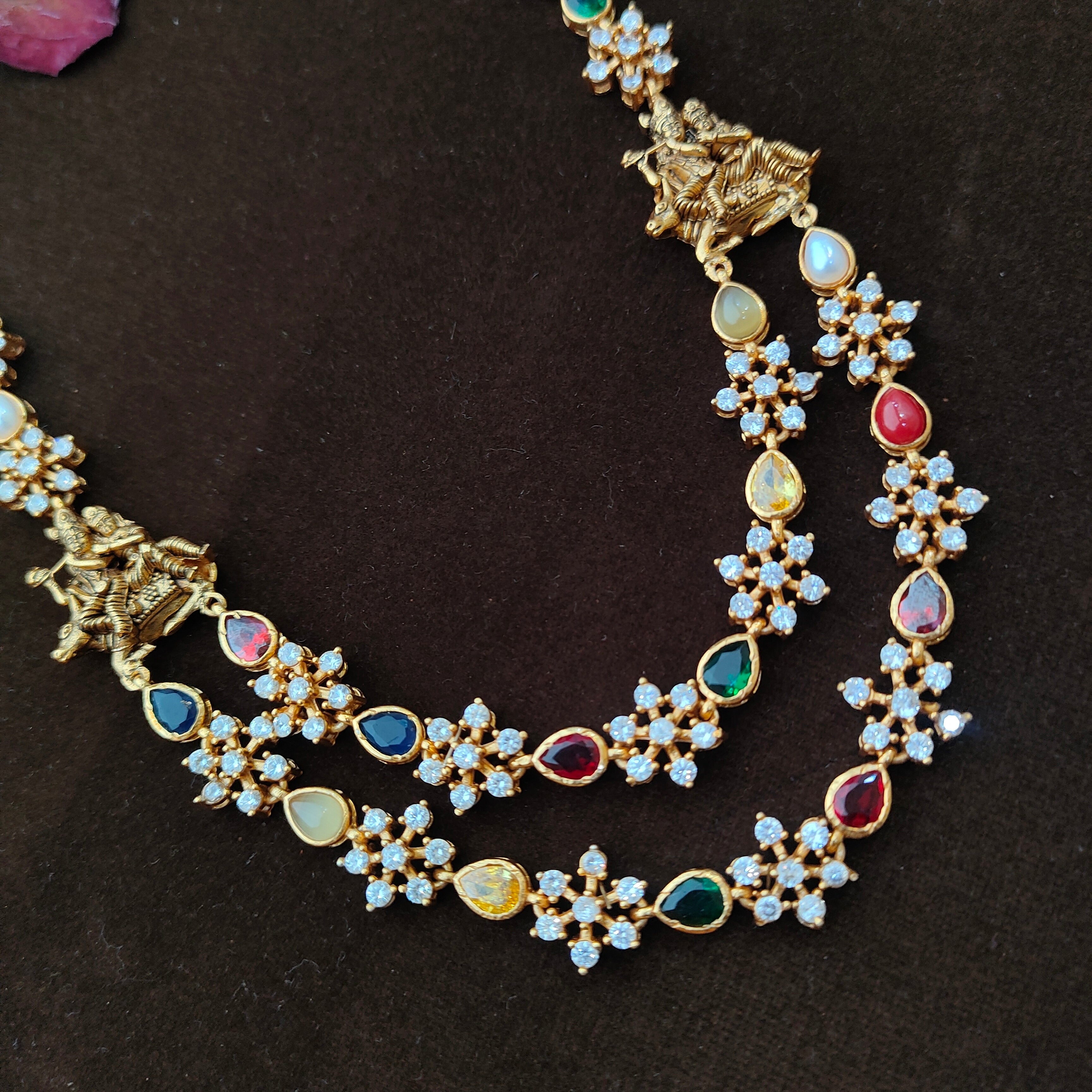 925 Silver Krishna Radha Navaratna Necklace set- 1462