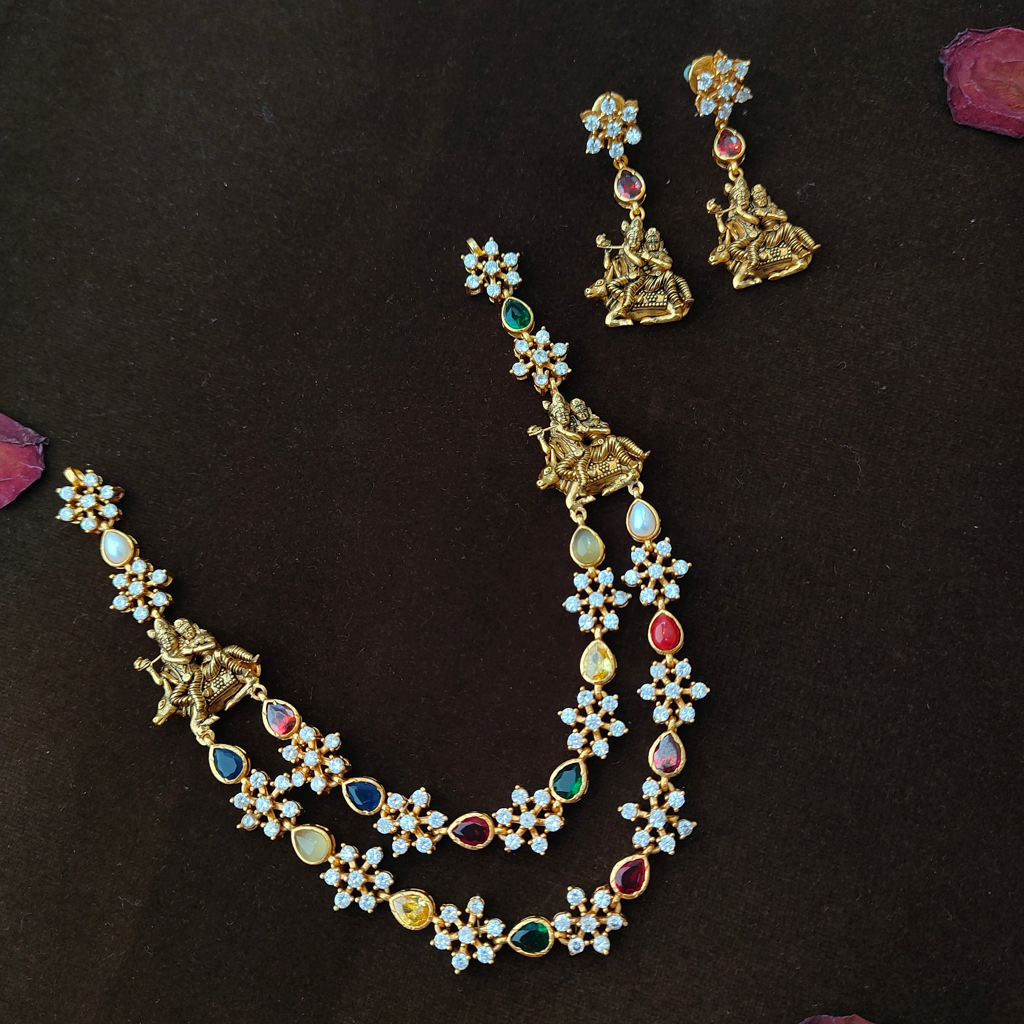 925 Silver Krishna Radha Navaratna Necklace set- 1462