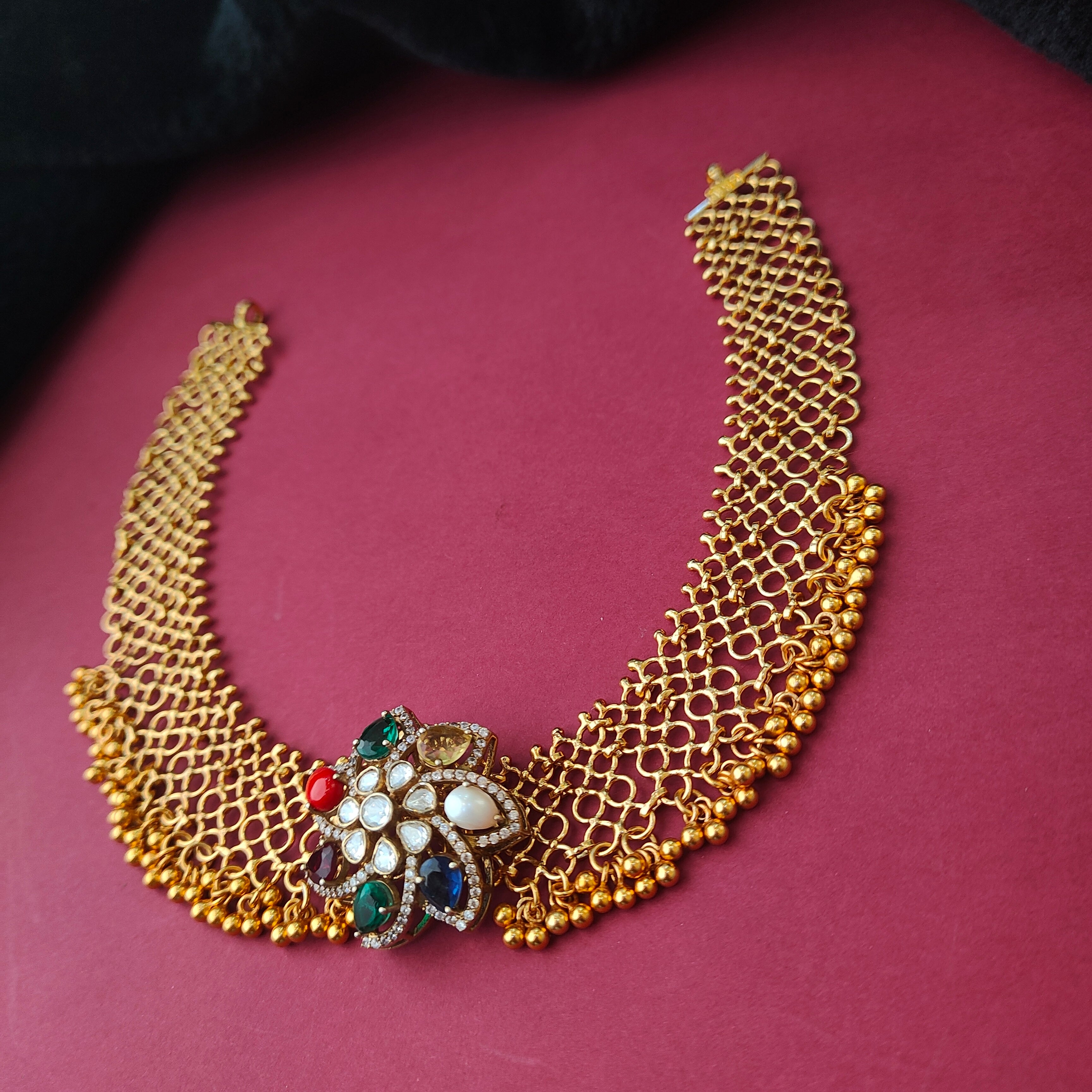 925 Silver Gold Plated Navaratna Mesh Necklace -0042