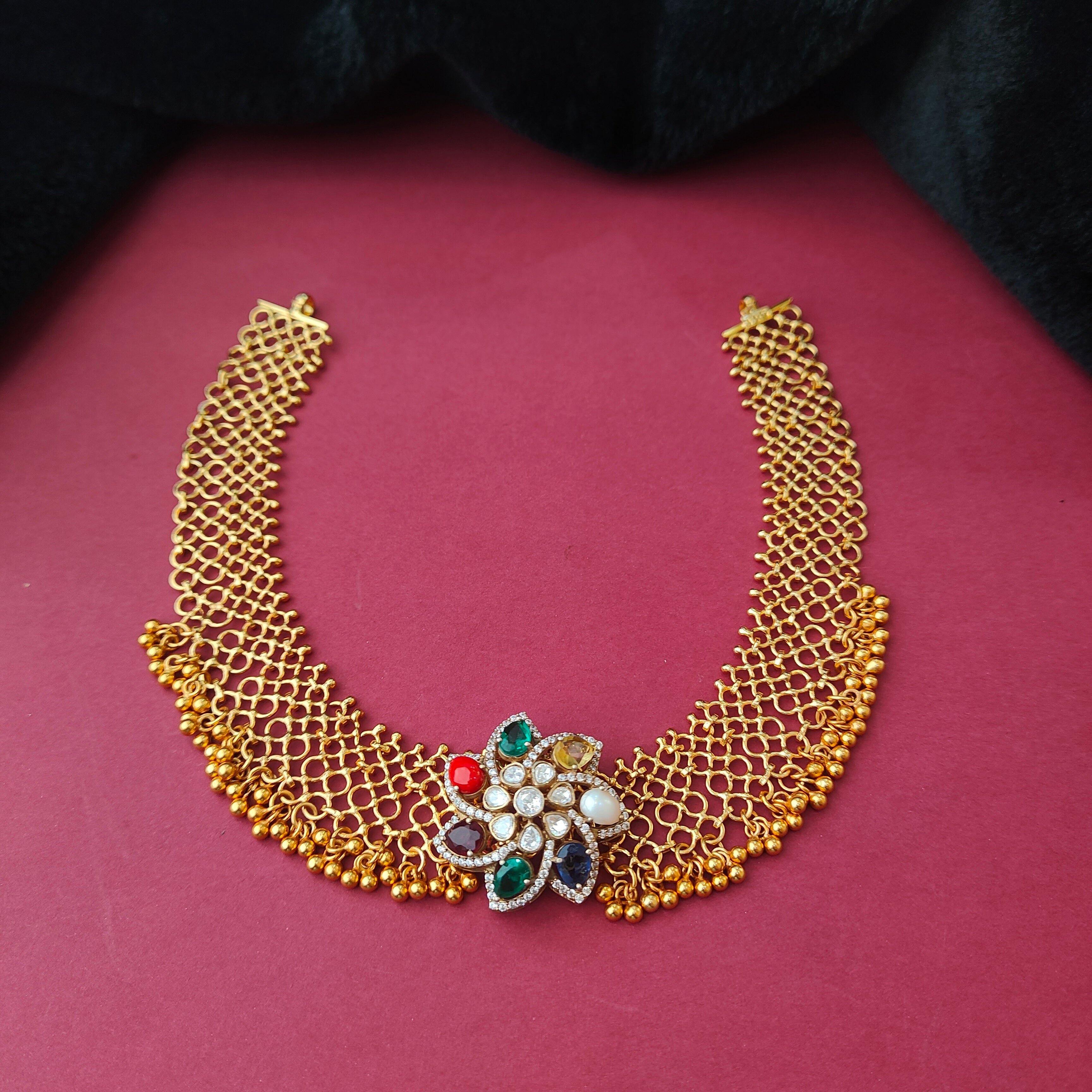 925 Silver Gold Plated Navaratna Mesh Necklace -0042