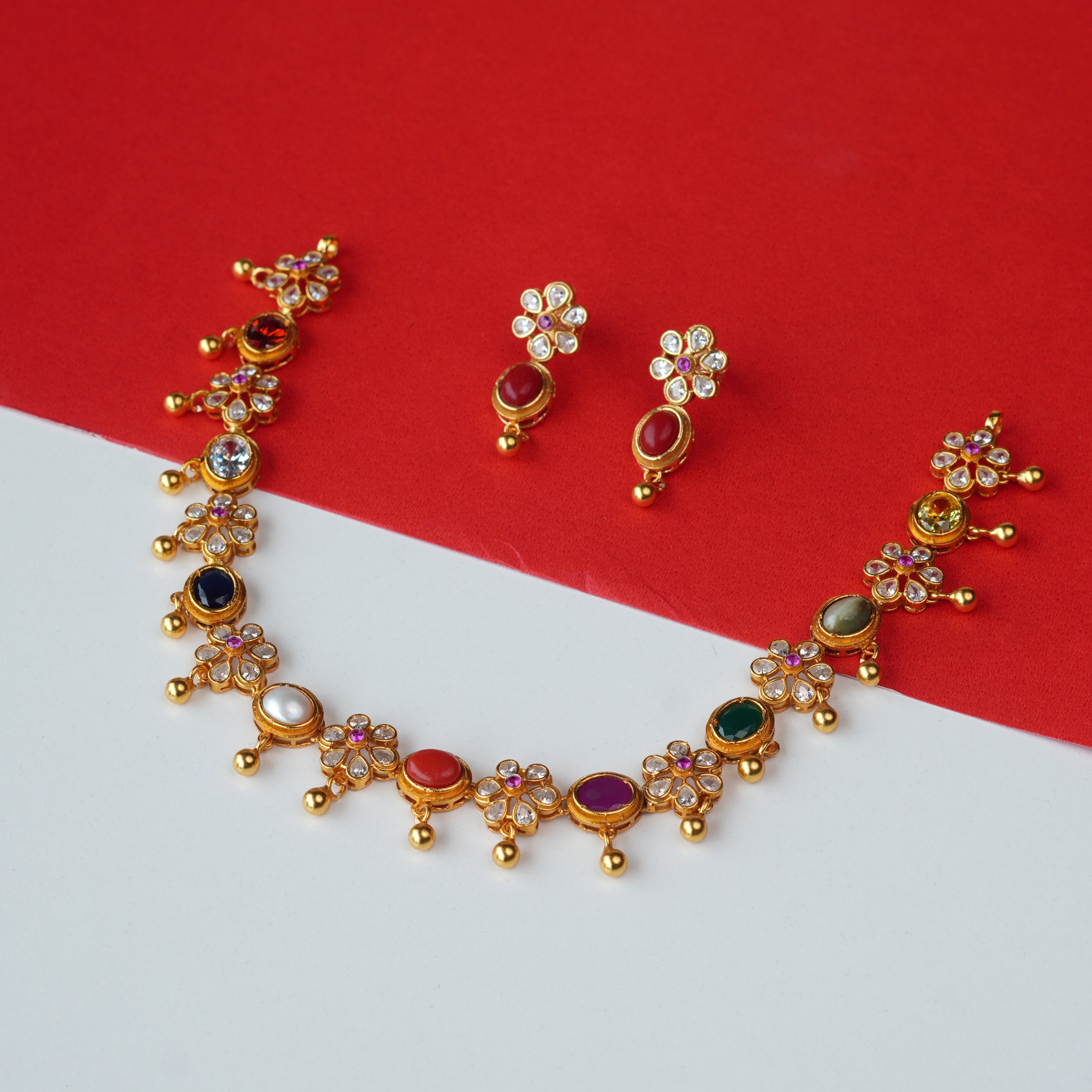 925 Gold Plated Navaratna Necklace with Earring-1208