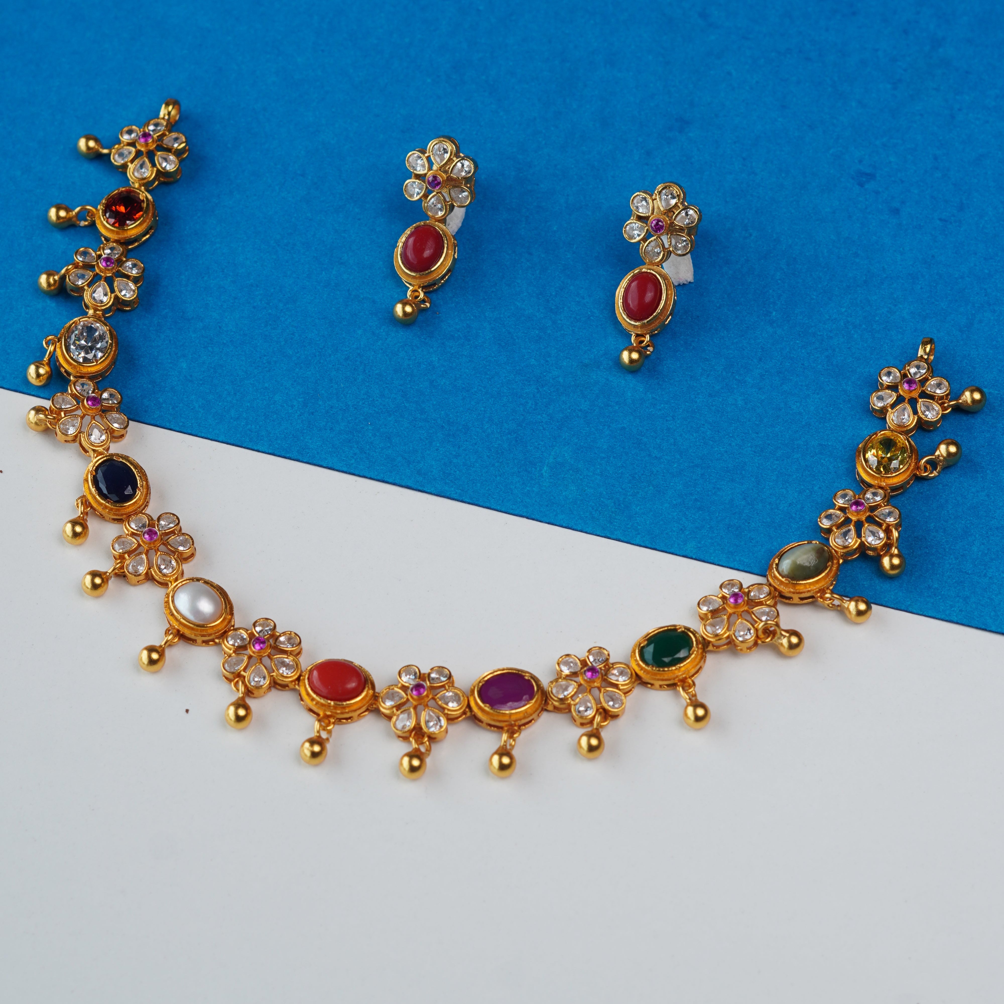 925 Gold Plated Navaratna Necklace with Earring-1208