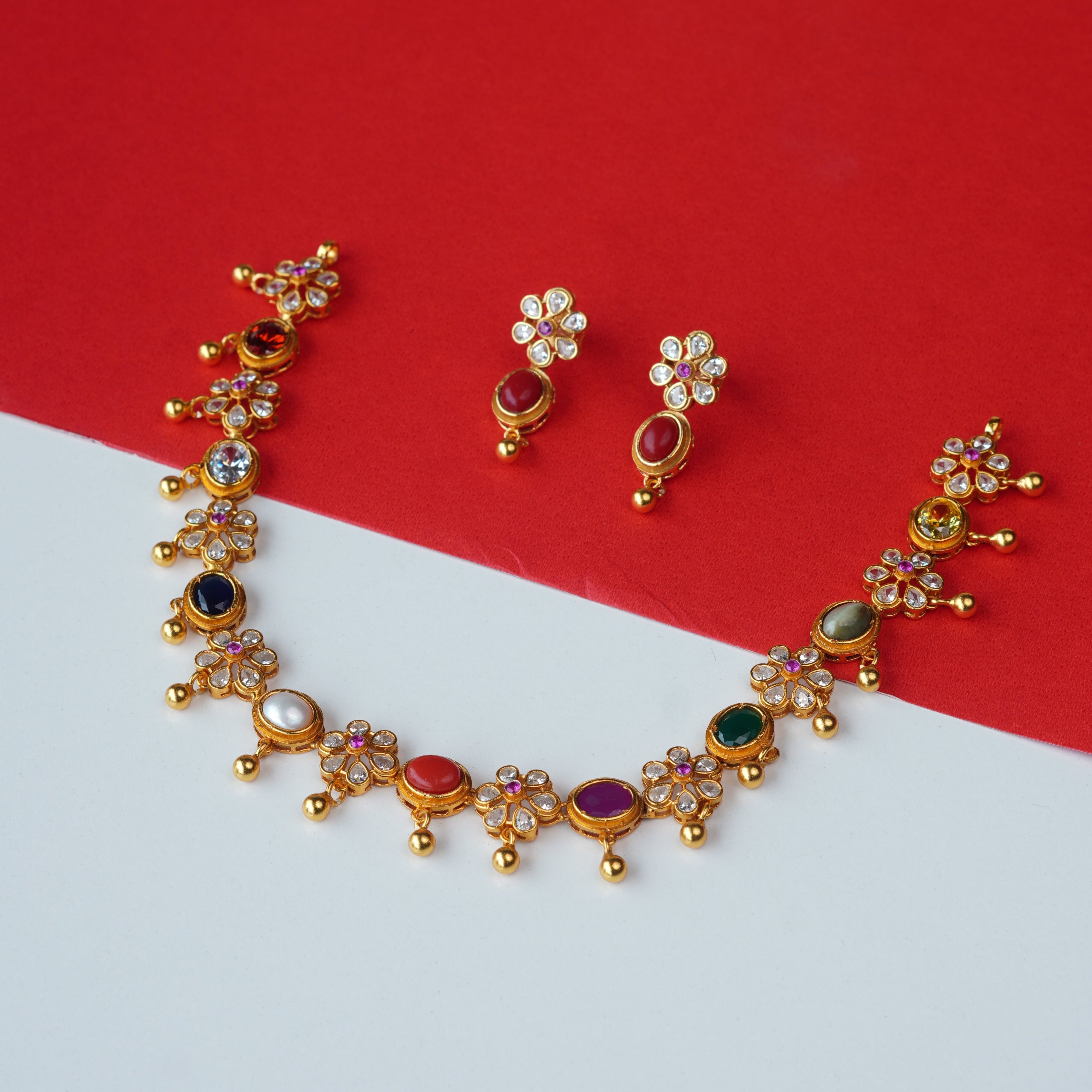 925 Gold Plated Navaratna Necklace with Earring-1208