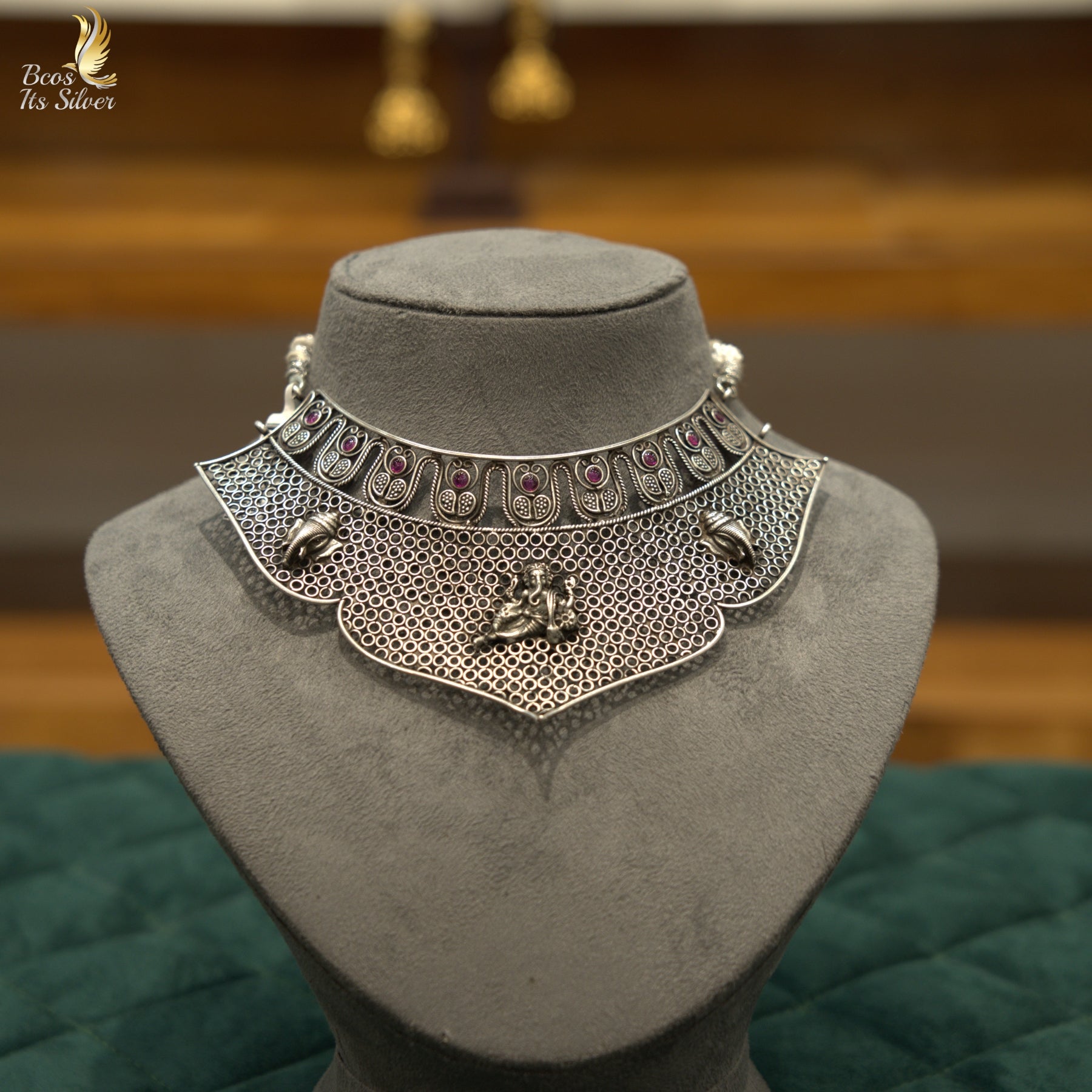 OXIDIZED GANESHA CHOKER WITH EARRING - 4700