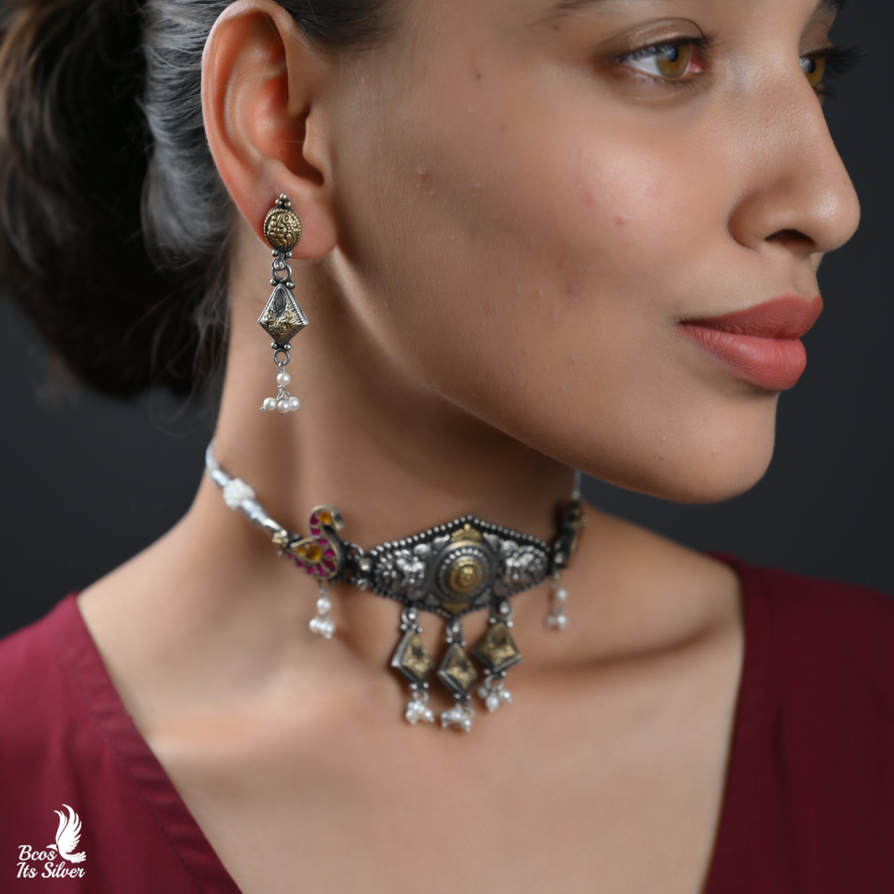Oxidized Dual Tone Choker With Earring - 6081