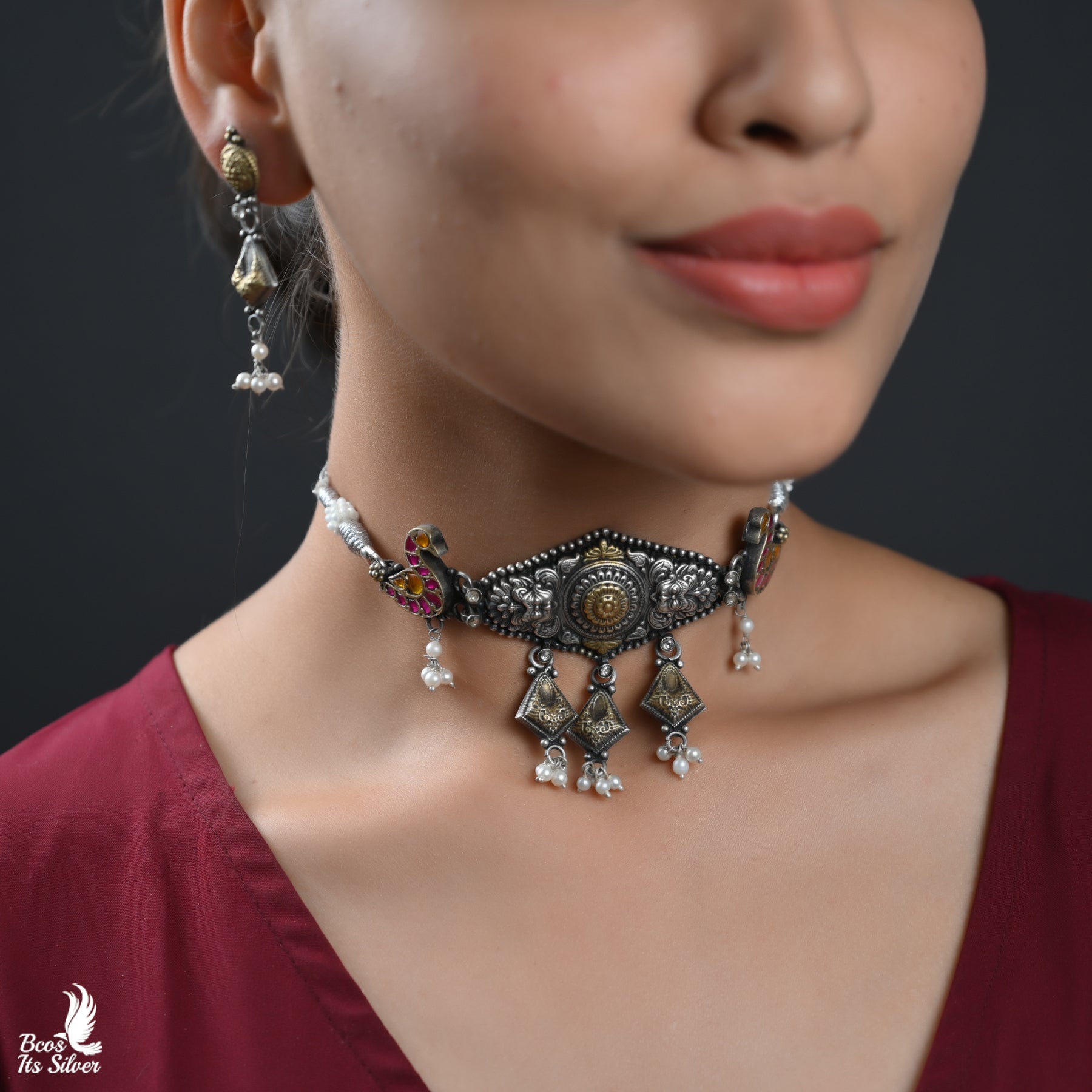 Oxidized Dual Tone Choker With Earring - 6081