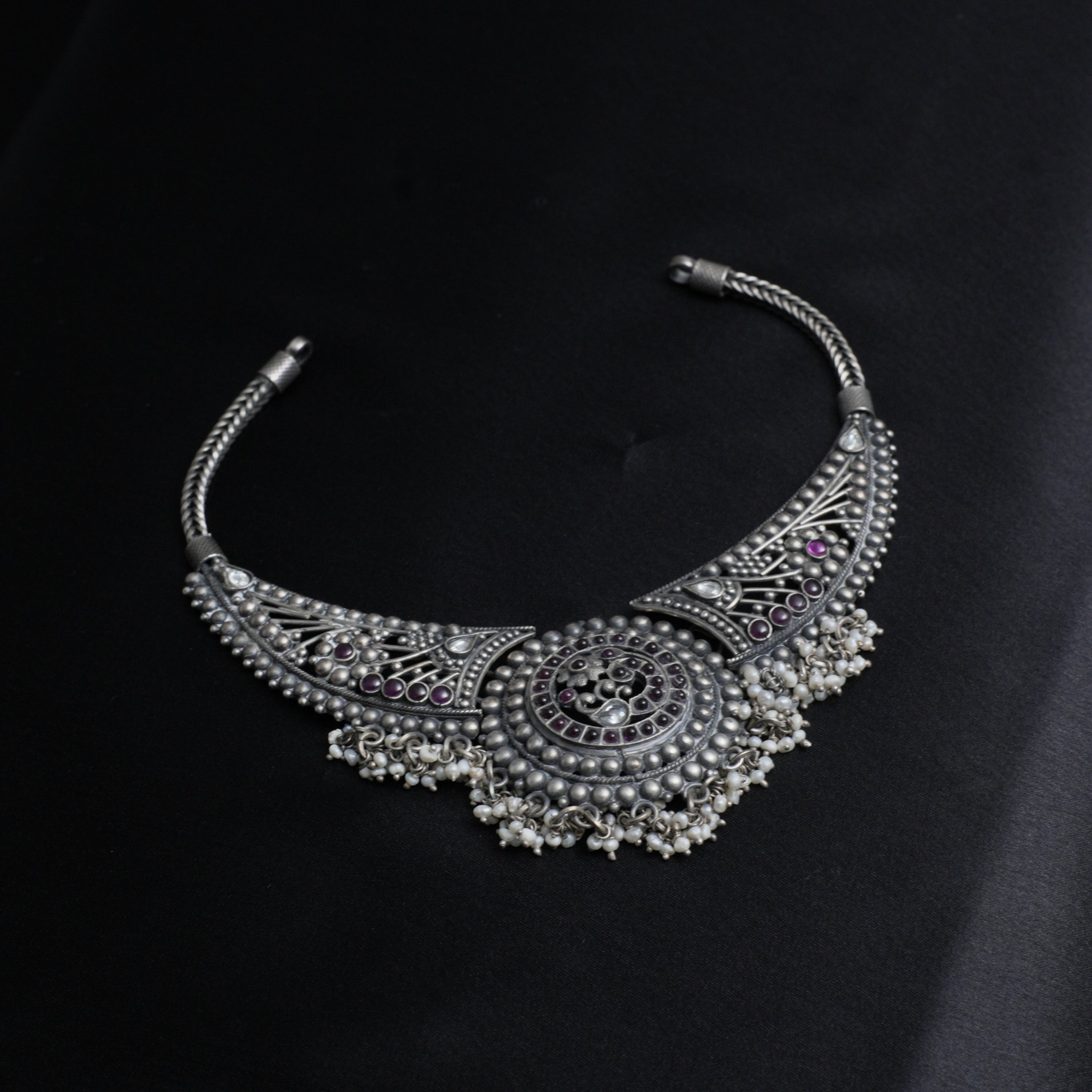 925 Silver Oxidized Necklace with Jhumka -4449