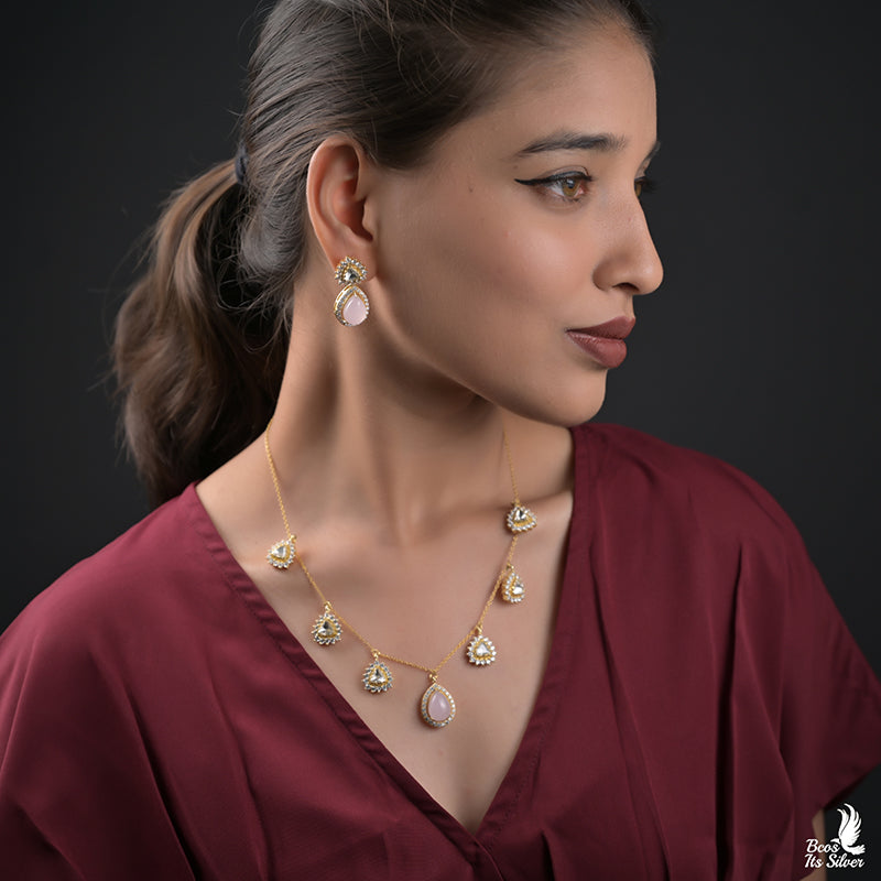 Pure 92.5 Silver Gold Plated Neckpiece with Earring - 0158