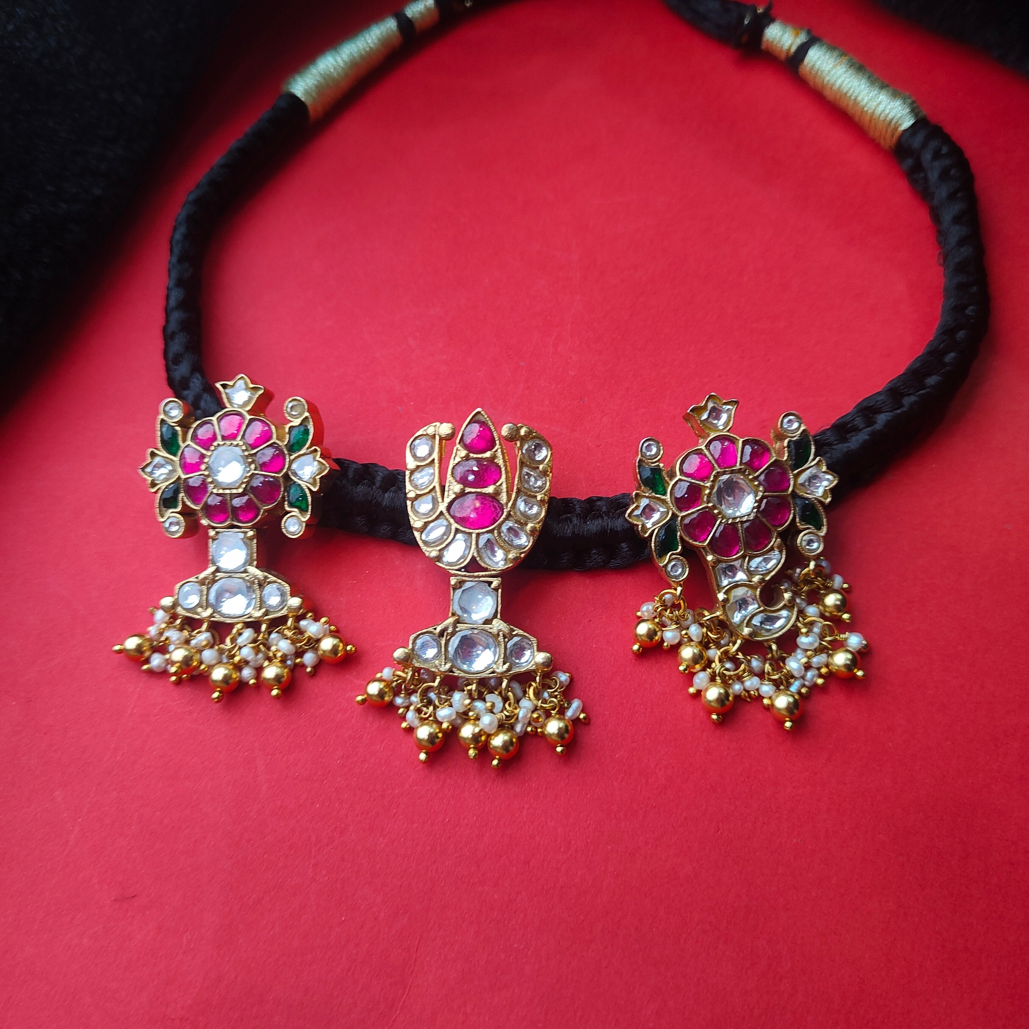 Pure 925 Gold Plated Kundan Thread Necklace -5740