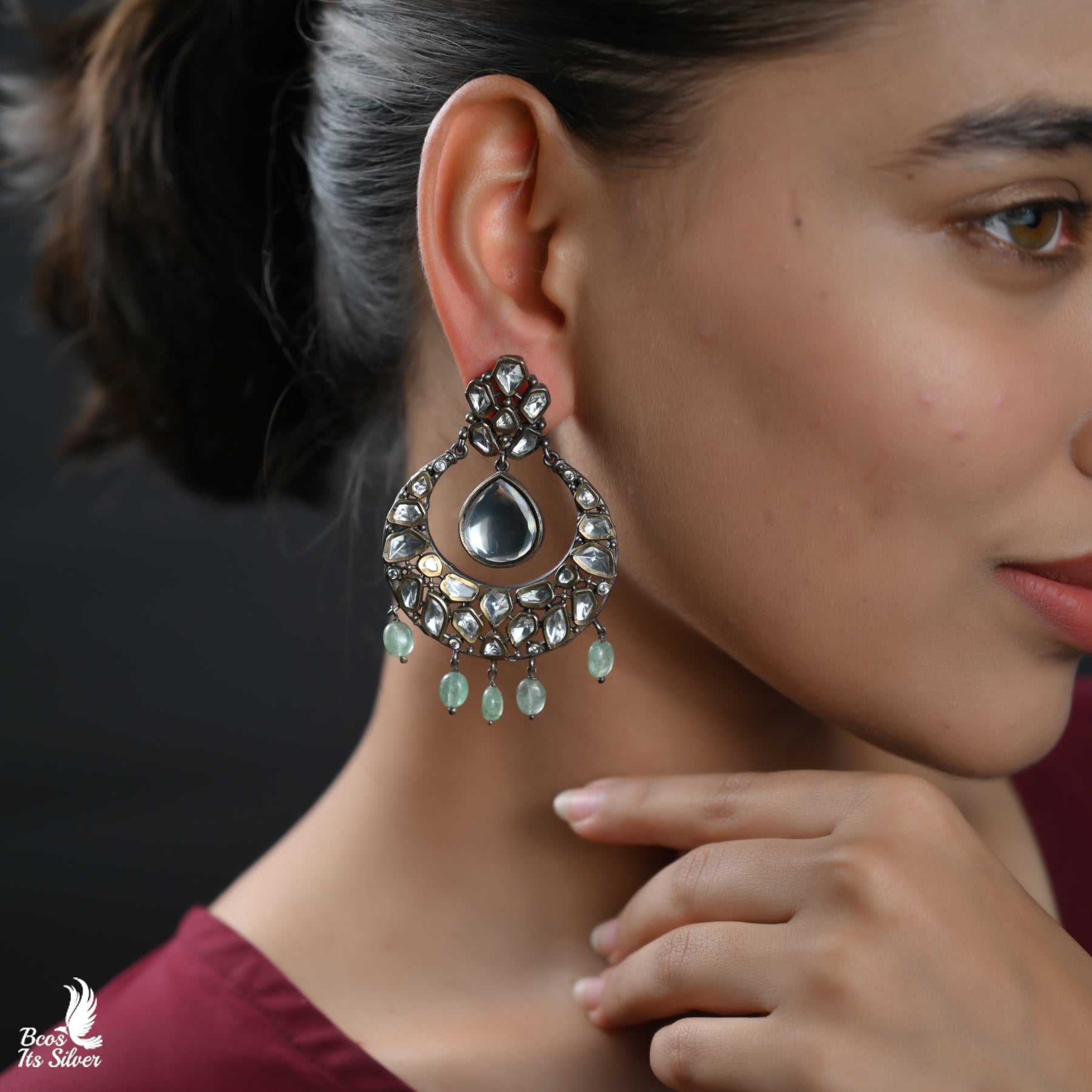 Pure 925 Silver Dual Tone Chandbali Earring - 7089
