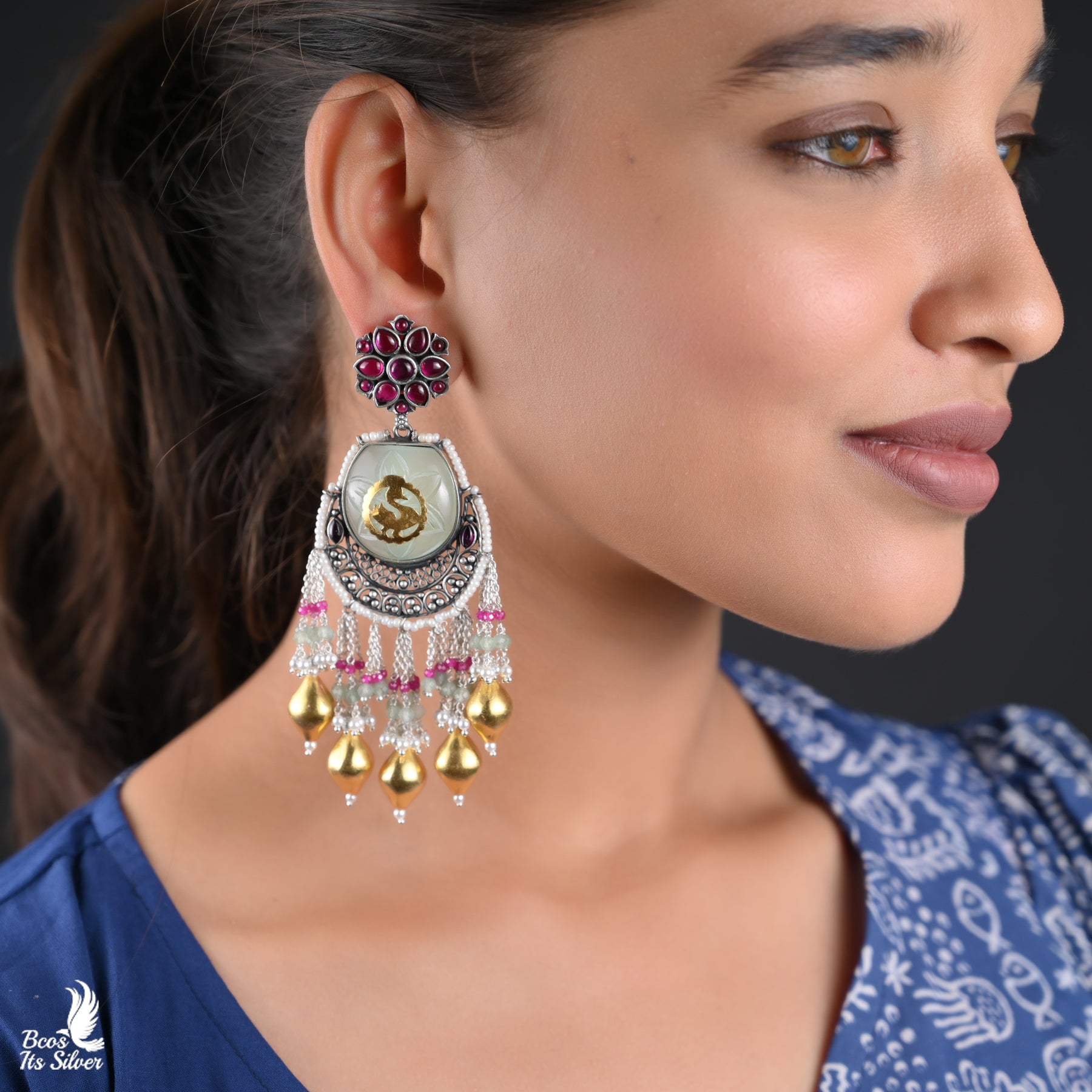 Pure 925 Silver Dual tone Chandbali Earring - 5056