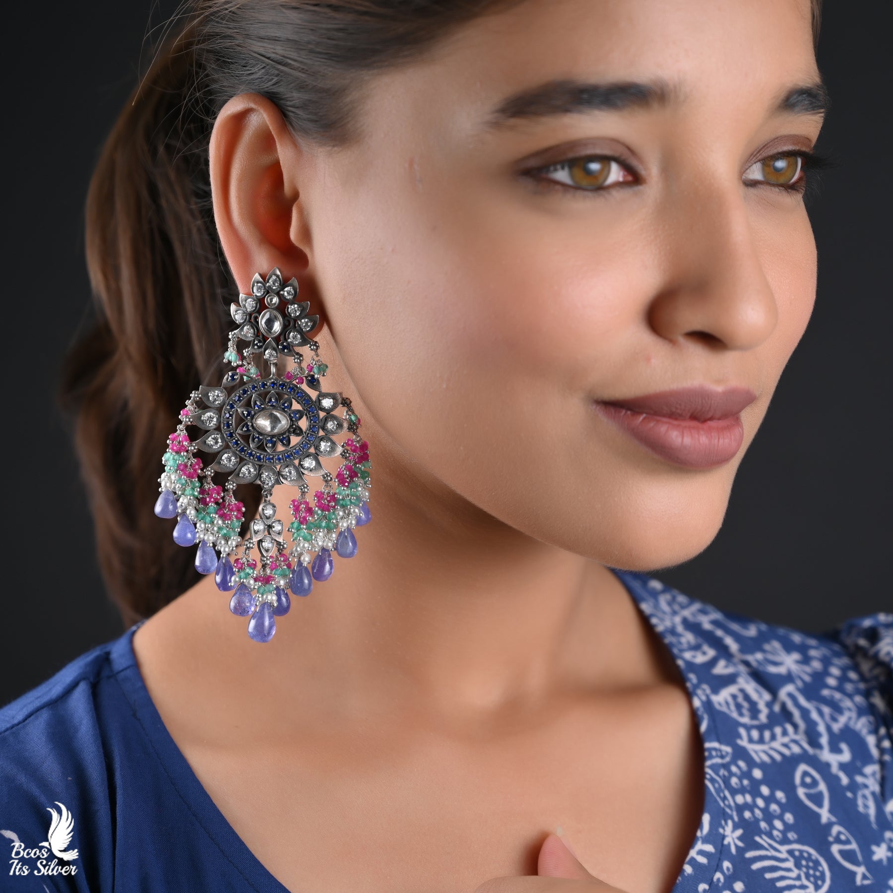 Pure 925 Silver Oxidized Chandbali Earring - 5055