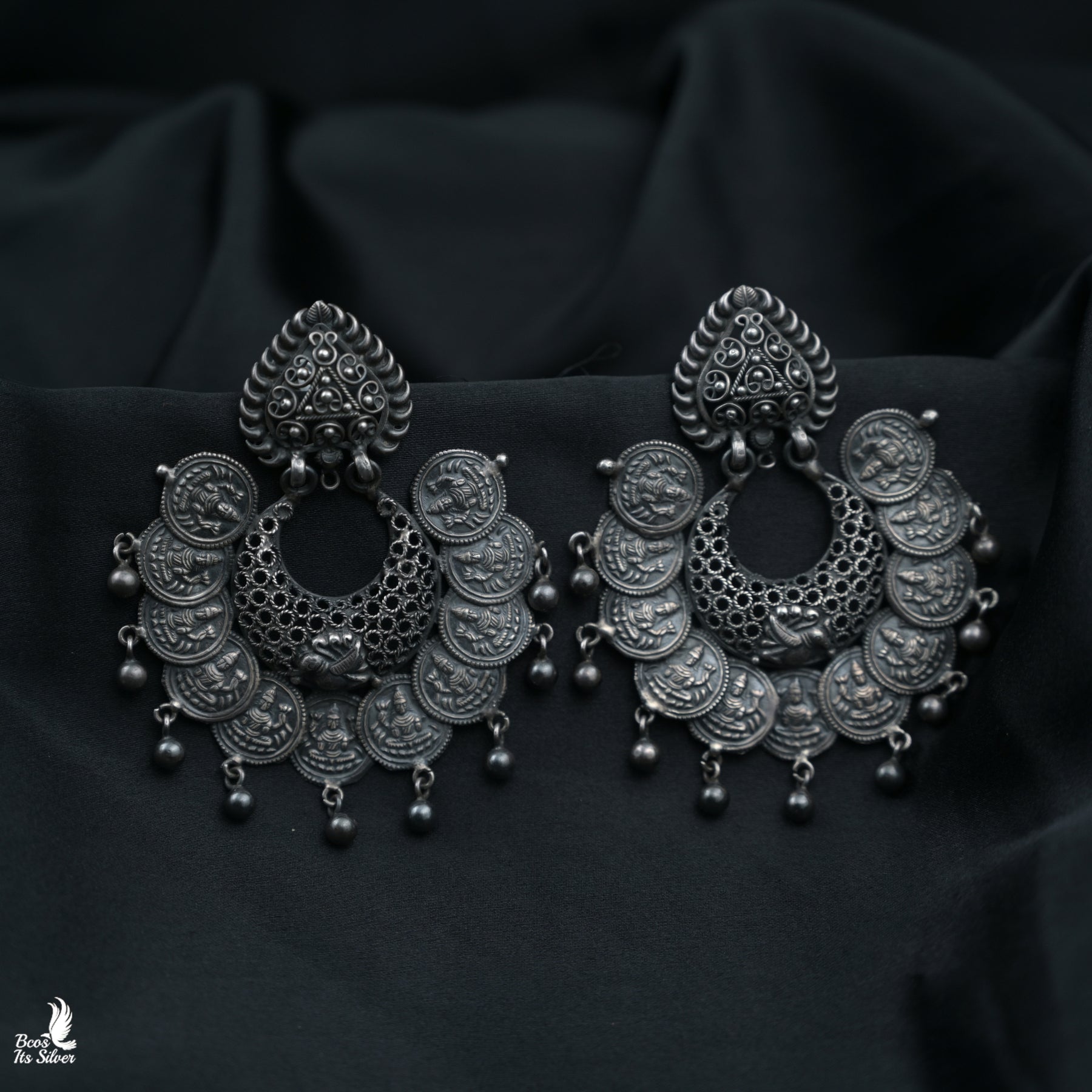 Pure 925 Silver Oxidized Coin Chandbali - 3133