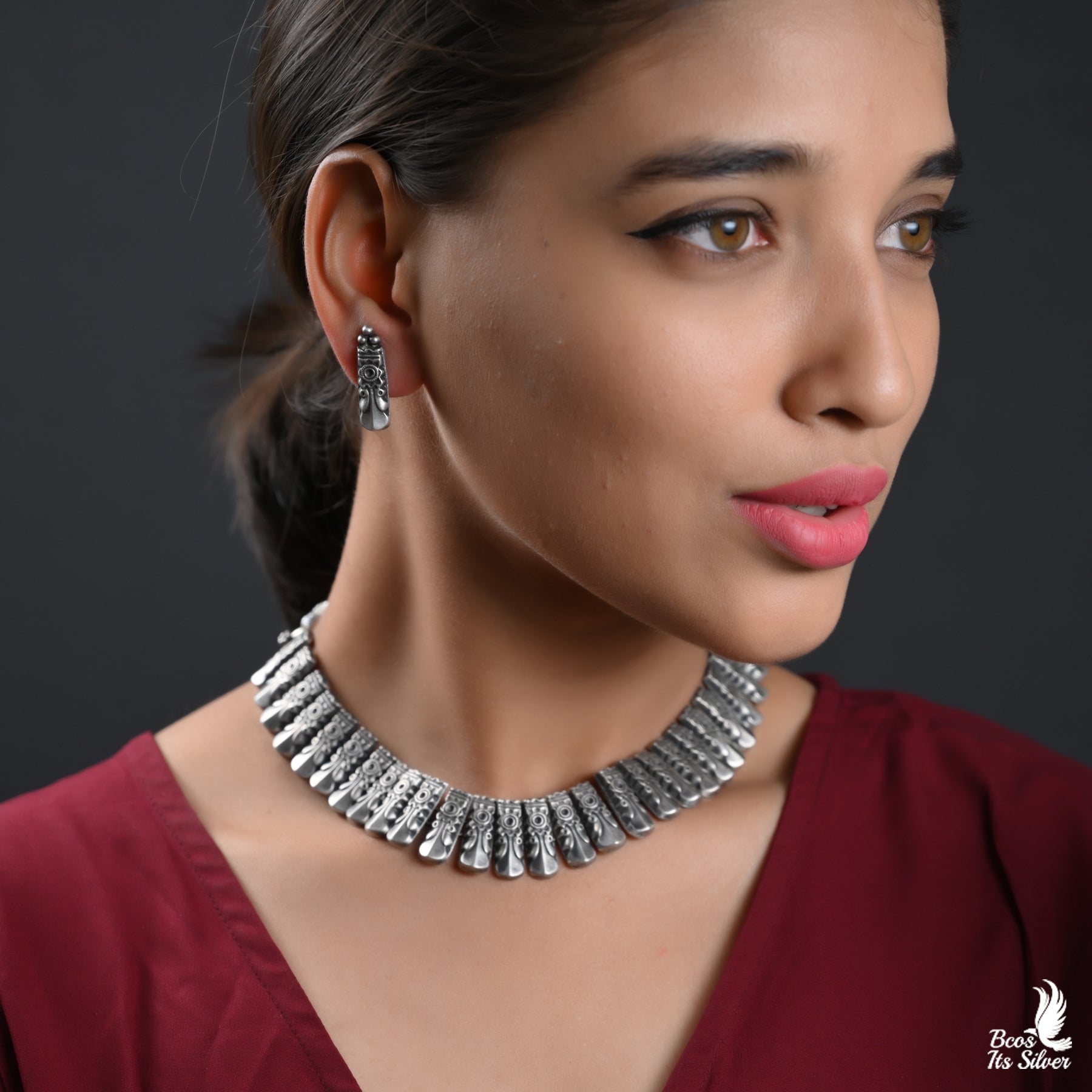 Pure 925 Silver Oxidized Neckpiece With Stud - 5983