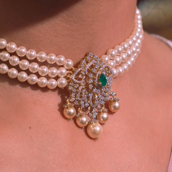 925 Silver Theia Diamond Look Pearl choker set- 5613