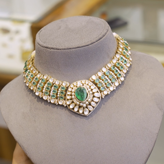 925 Silver Victorian Emerald Polki Necklace -1290 (MADE TO ORDER)